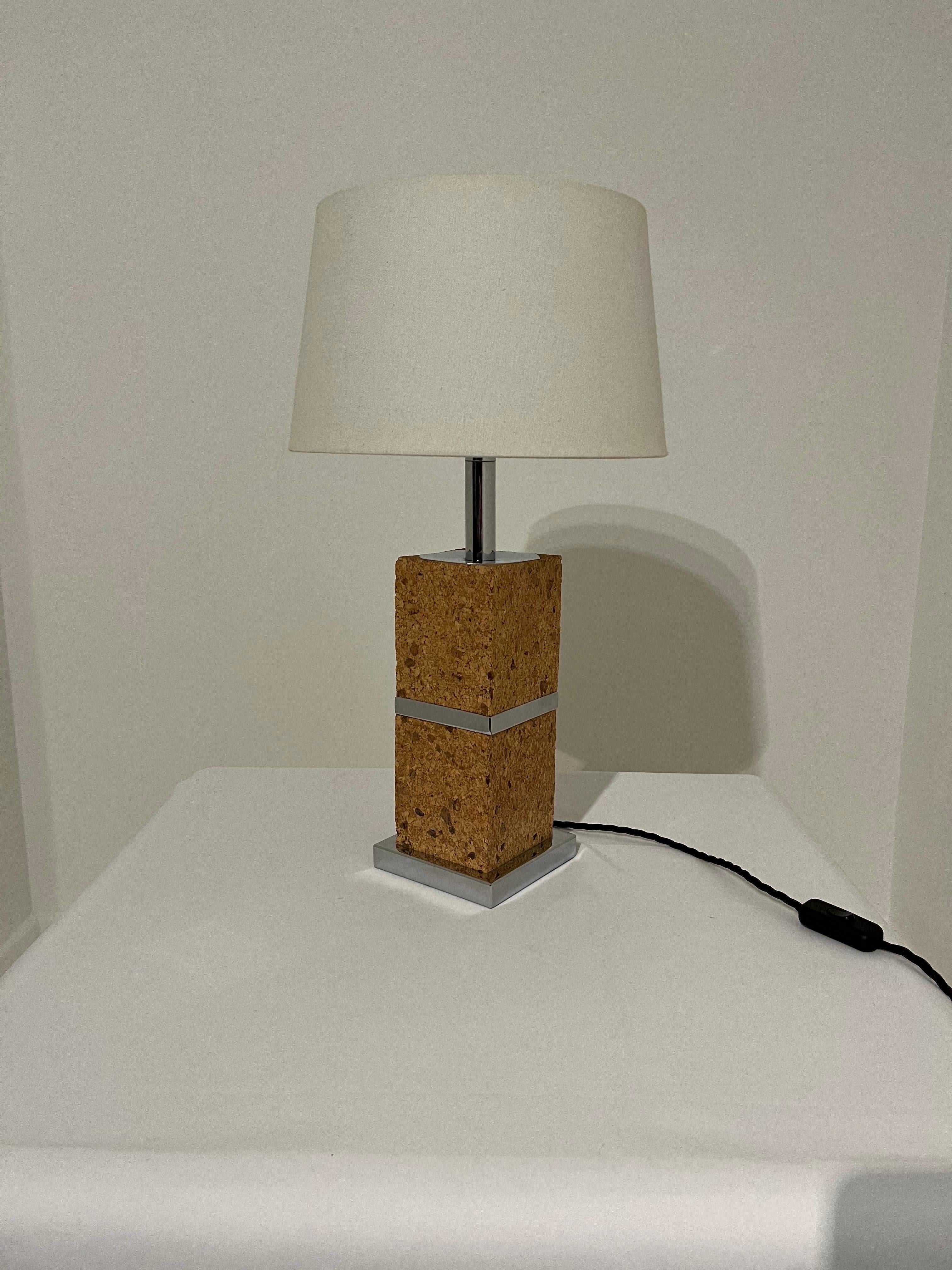 Cork and Chrome Table Lamp France c1970s 
 In Good Condition For Sale In Gravesend, GB