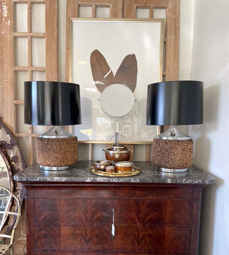 Mid-Century Modern Cork and Chrome Table Lamps with Black Shades