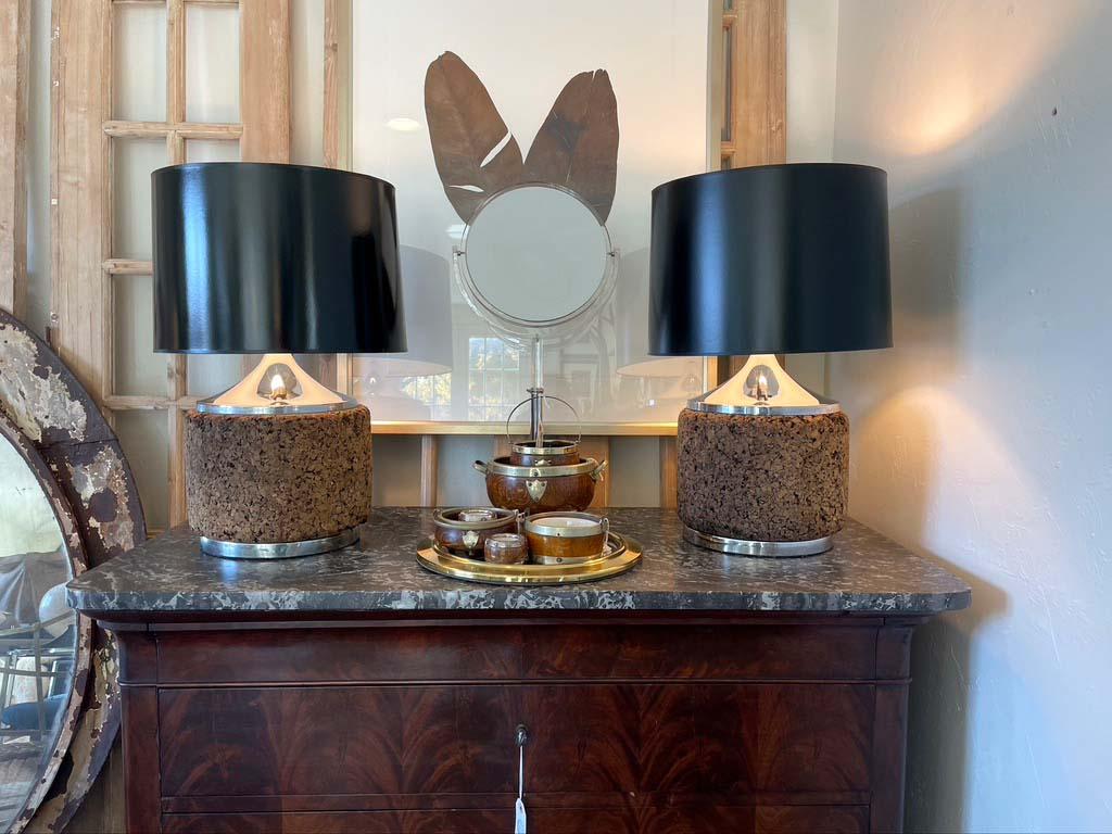 Mid-Century Modern Cork and Chrome Table Lamps with Black Shades