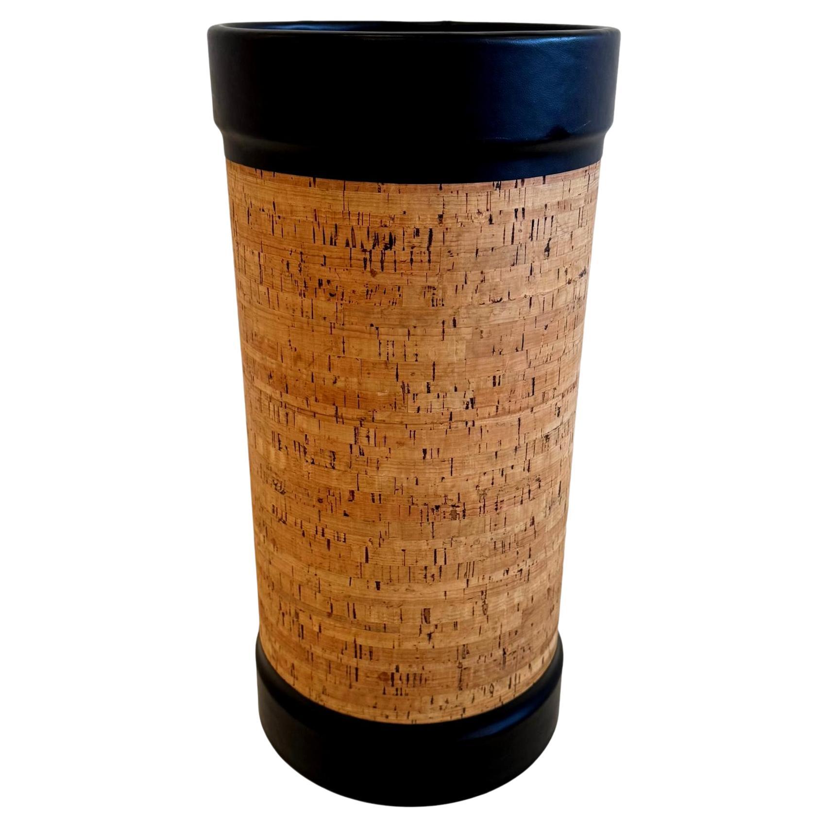 Cork and Leather Waste Basket/ Umbrella Holder, 1970s USA For Sale