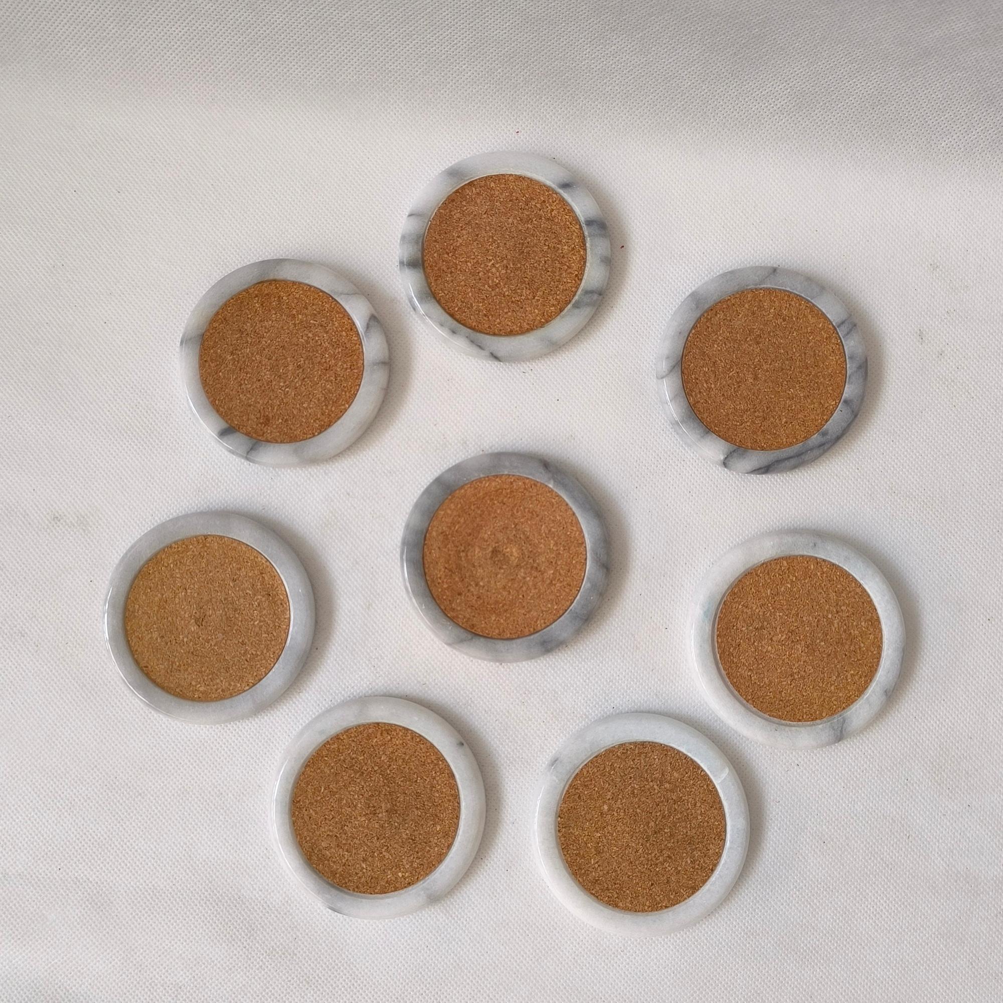 European Cork and Marble Coasters - Set of 8 - Minimalist Elegance with Organic Charm For Sale