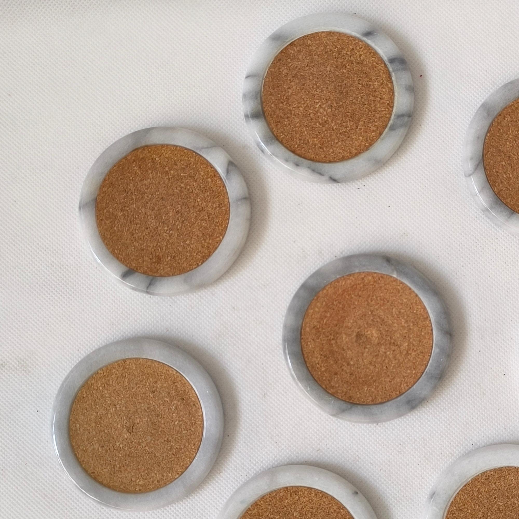 Carved Cork and Marble Coasters - Set of 8 - Minimalist Elegance with Organic Charm For Sale