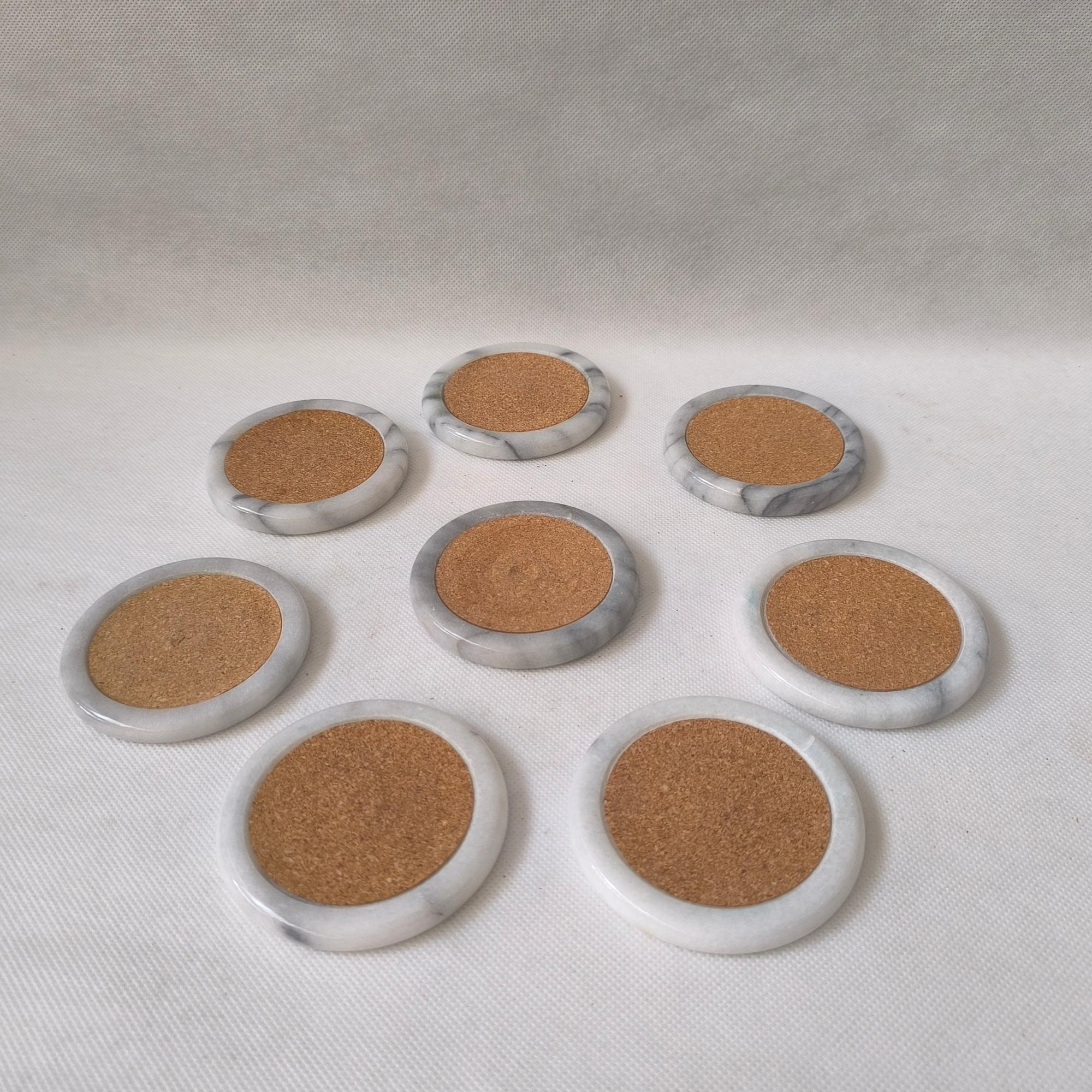 Late 20th Century Cork and Marble Coasters - Set of 8 - Minimalist Elegance with Organic Charm For Sale