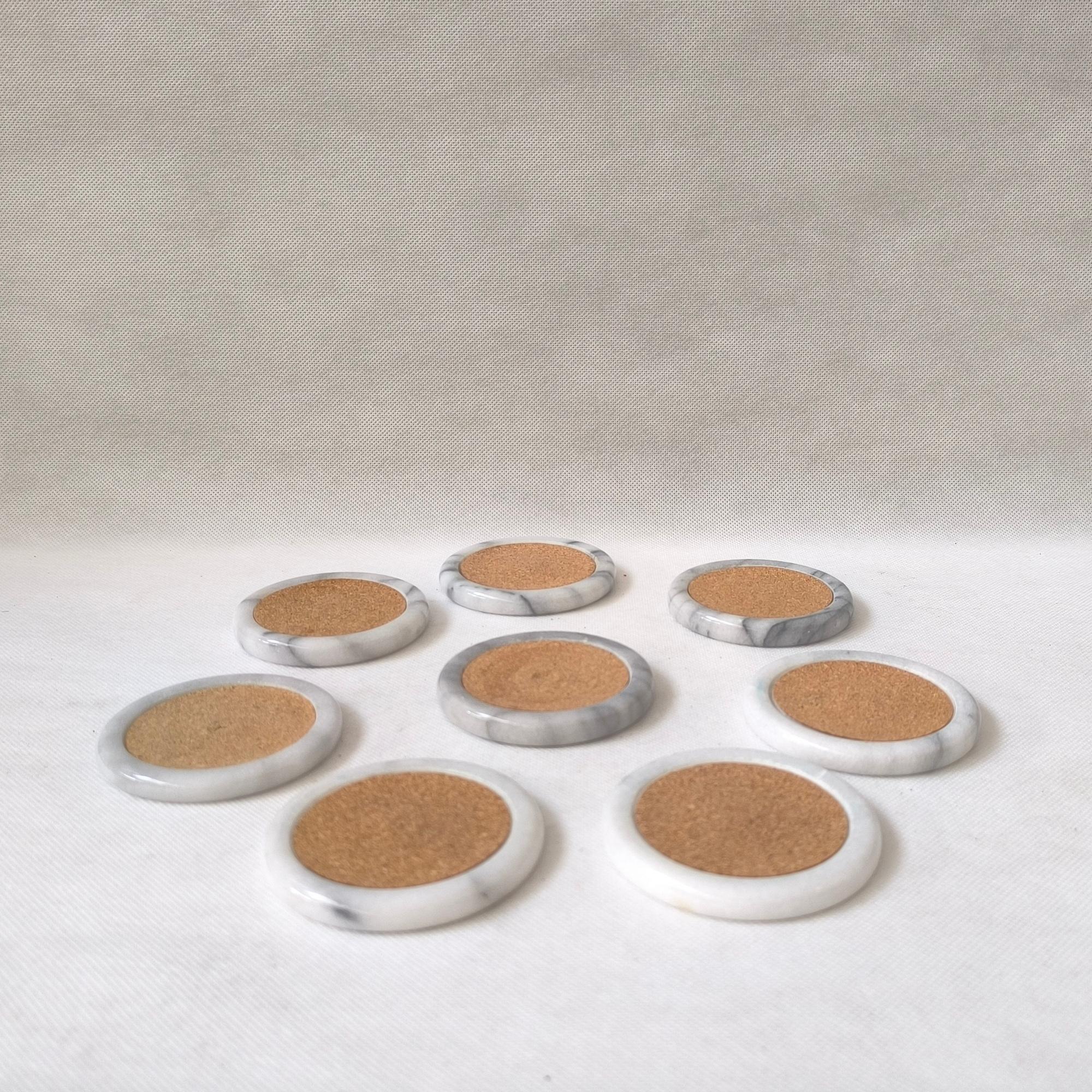 Cork and Marble Coasters - Set of 8 - Minimalist Elegance with Organic Charm For Sale 1