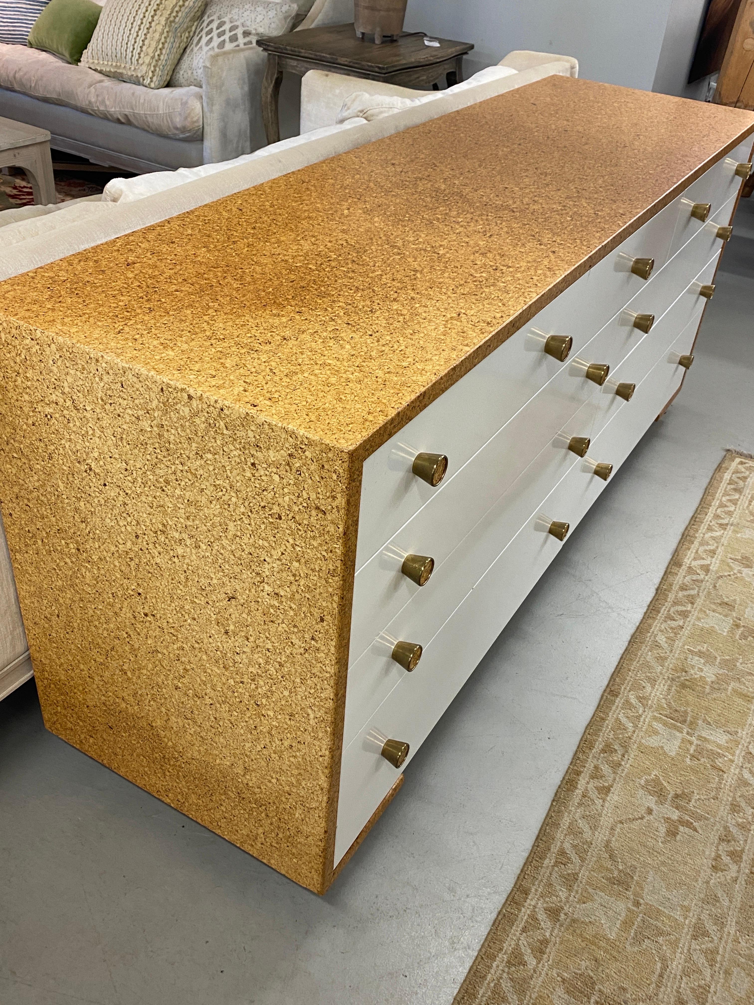 American Cork and White Lacquer 9 Drawer Mid-Century Dresser