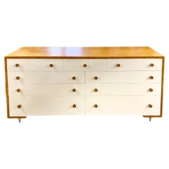 Commode 9 tiroirs Mid Century en liège et laque blanche