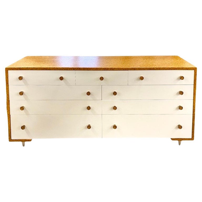 Cork and White Lacquer 9 Drawer MidCentury Dresser For Sale at 1stDibs