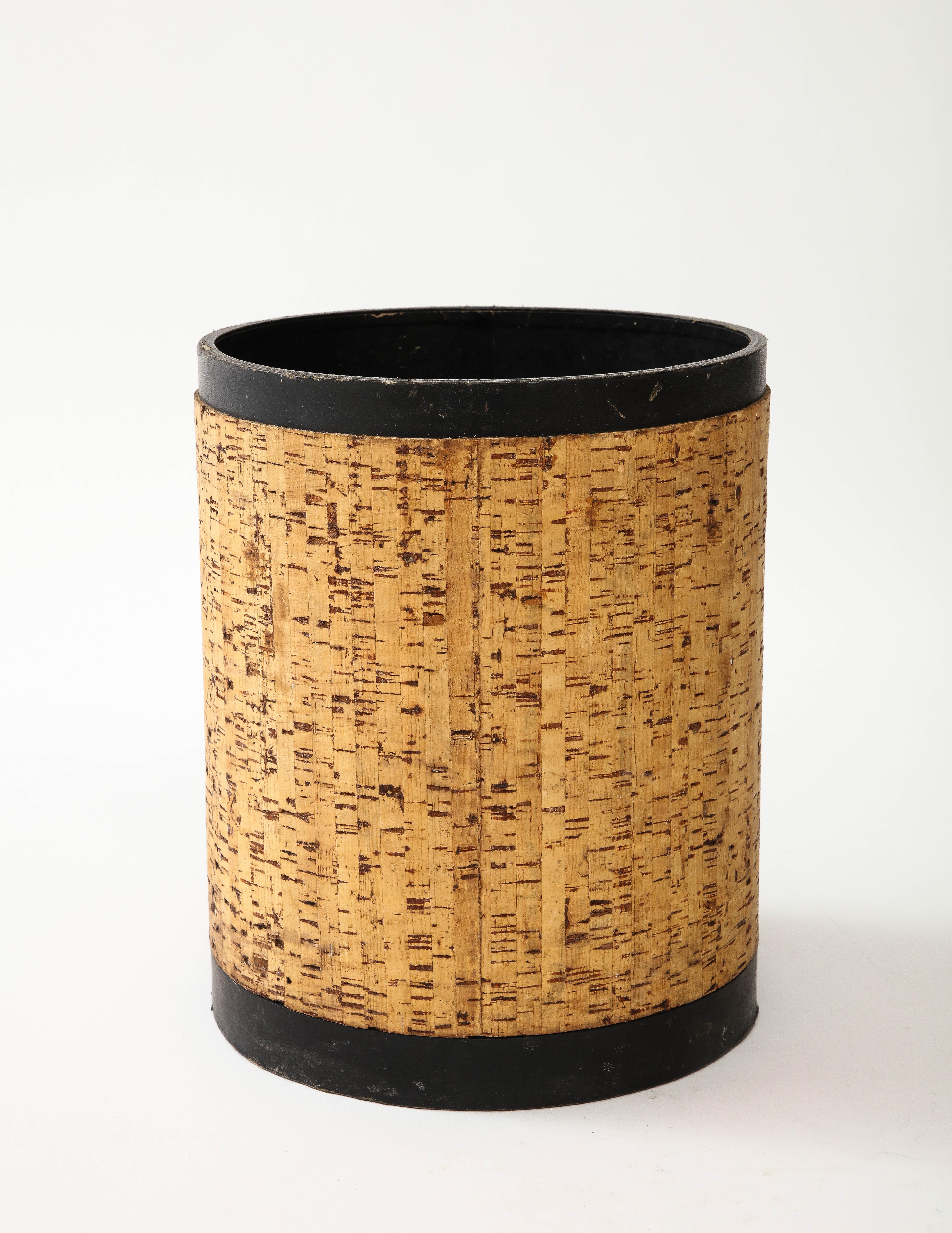 French Cork & Leather Waster Paper Bin, Comptoir General des Gommes, France, 1950 For Sale