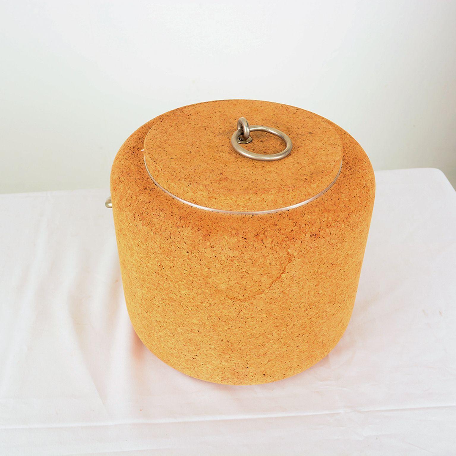 For your consideration: 1970s modernist cork ice bucket designed by Signe Persson Melin for the company Boda Nova. Made in Sweden, circa 1970s. The inner aluminum container is covered with a cork insulating layer. Original preowned fair vintage