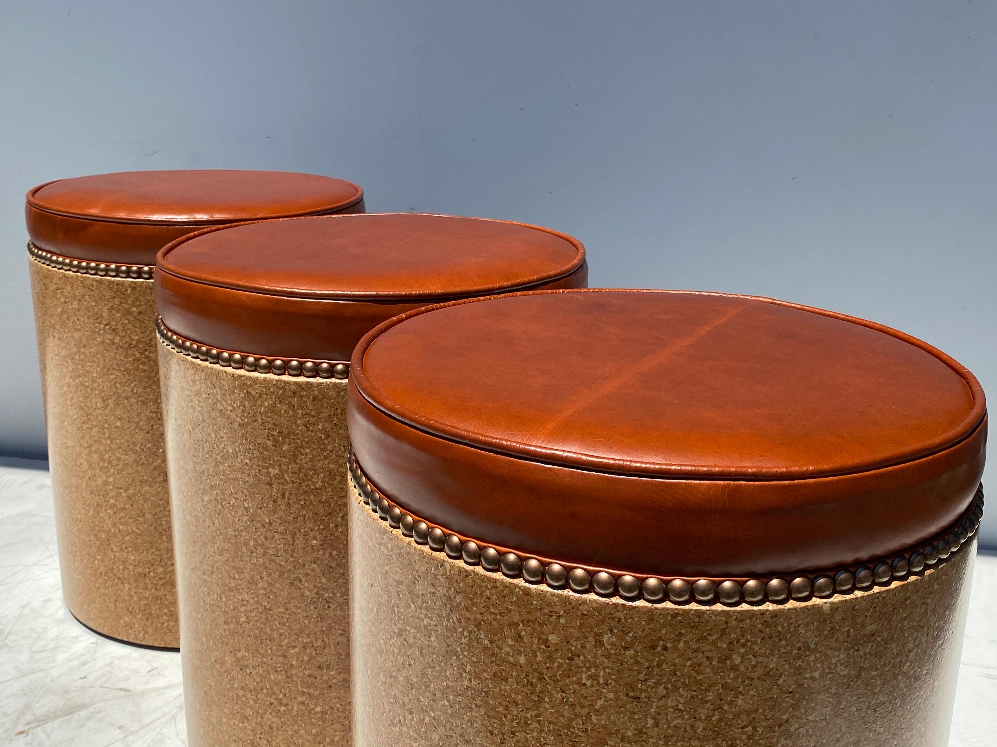 Cork Side Table / Stool in Vintaged Cognac Leather For Sale 3