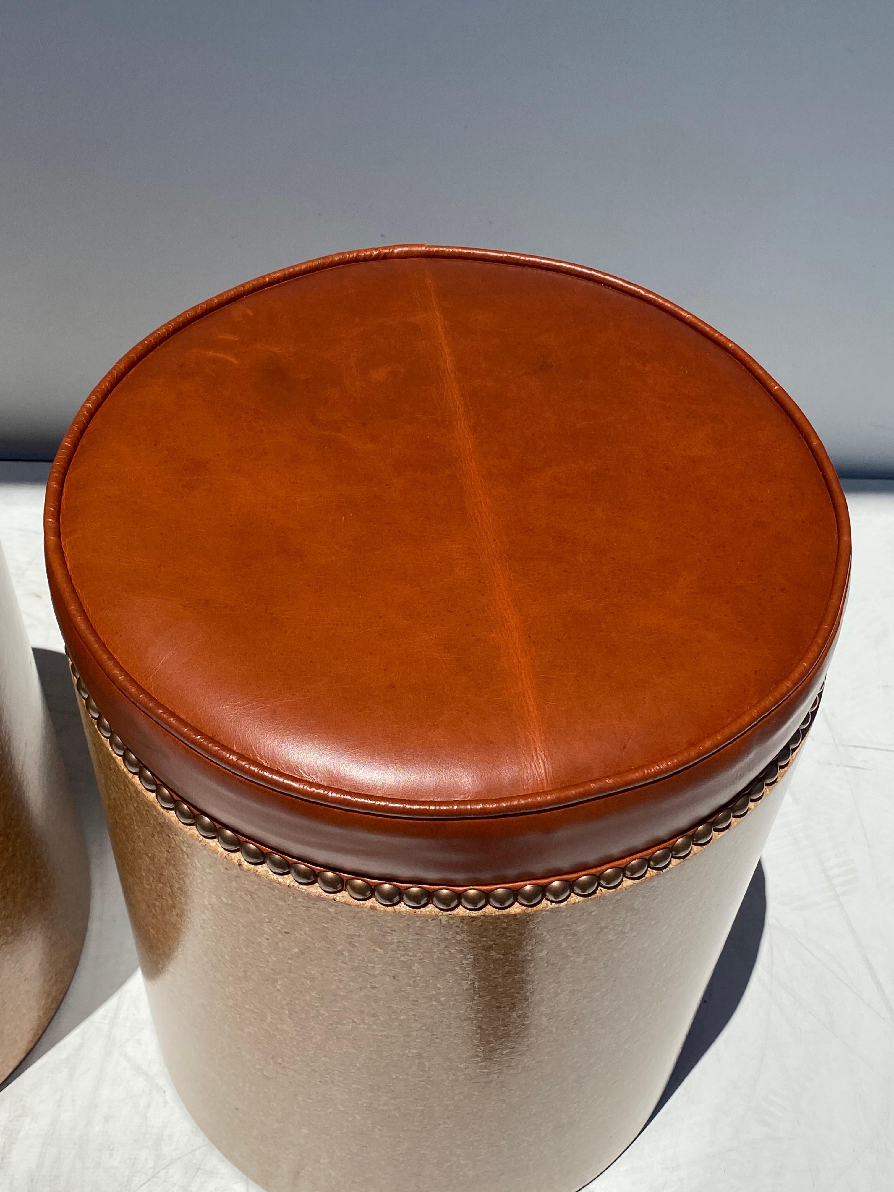 Cork Side Table / Stool in Vintaged Cognac Leather For Sale 4