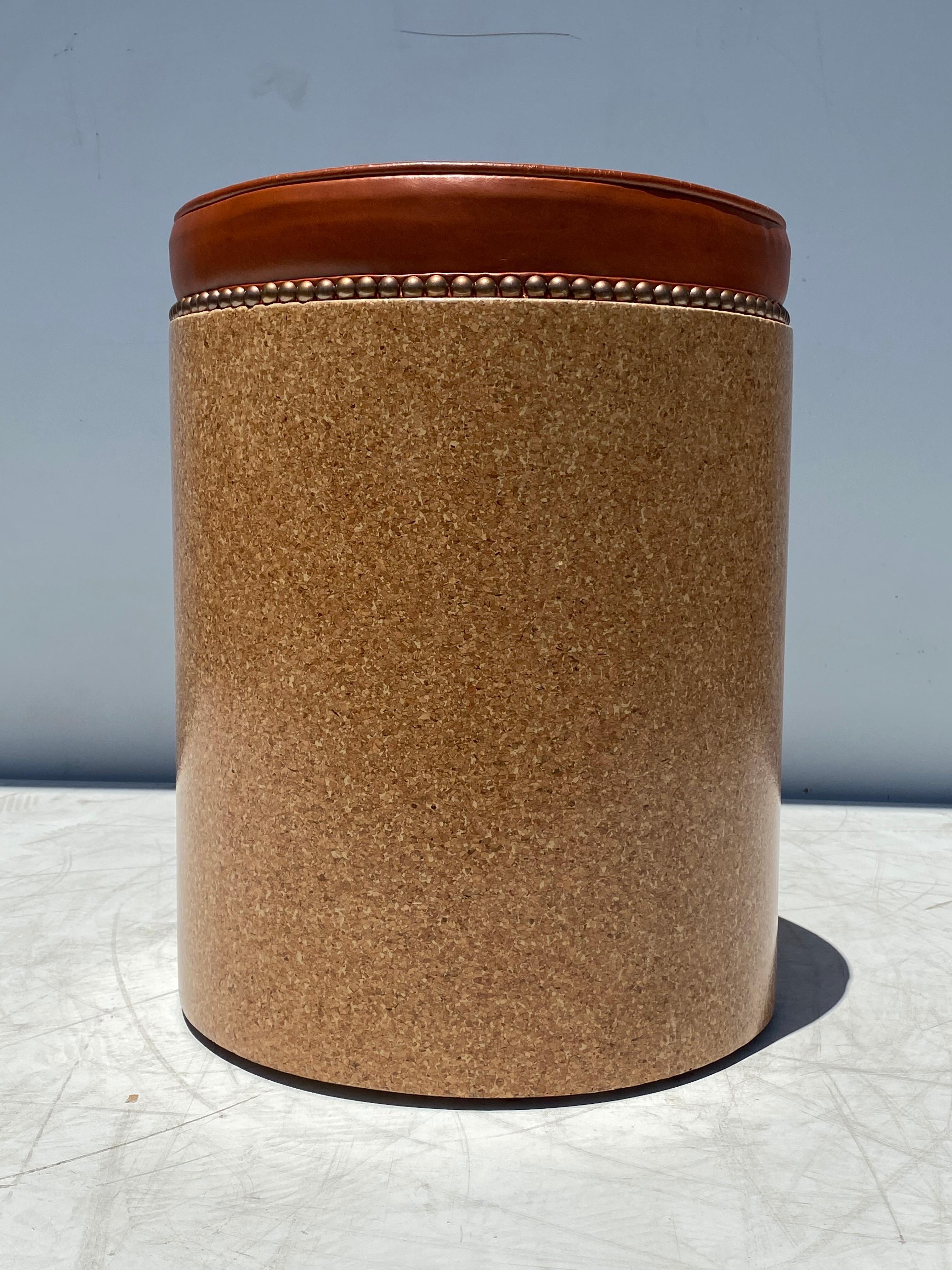 Cork side table / stool in vintaged cognac leather with brass nailheads inspired by mid century design of Paul Frankl, Harvey Probber, Robsjohn Gibbings, Paul McCobb, Hans Wegner, Finn Juhl.