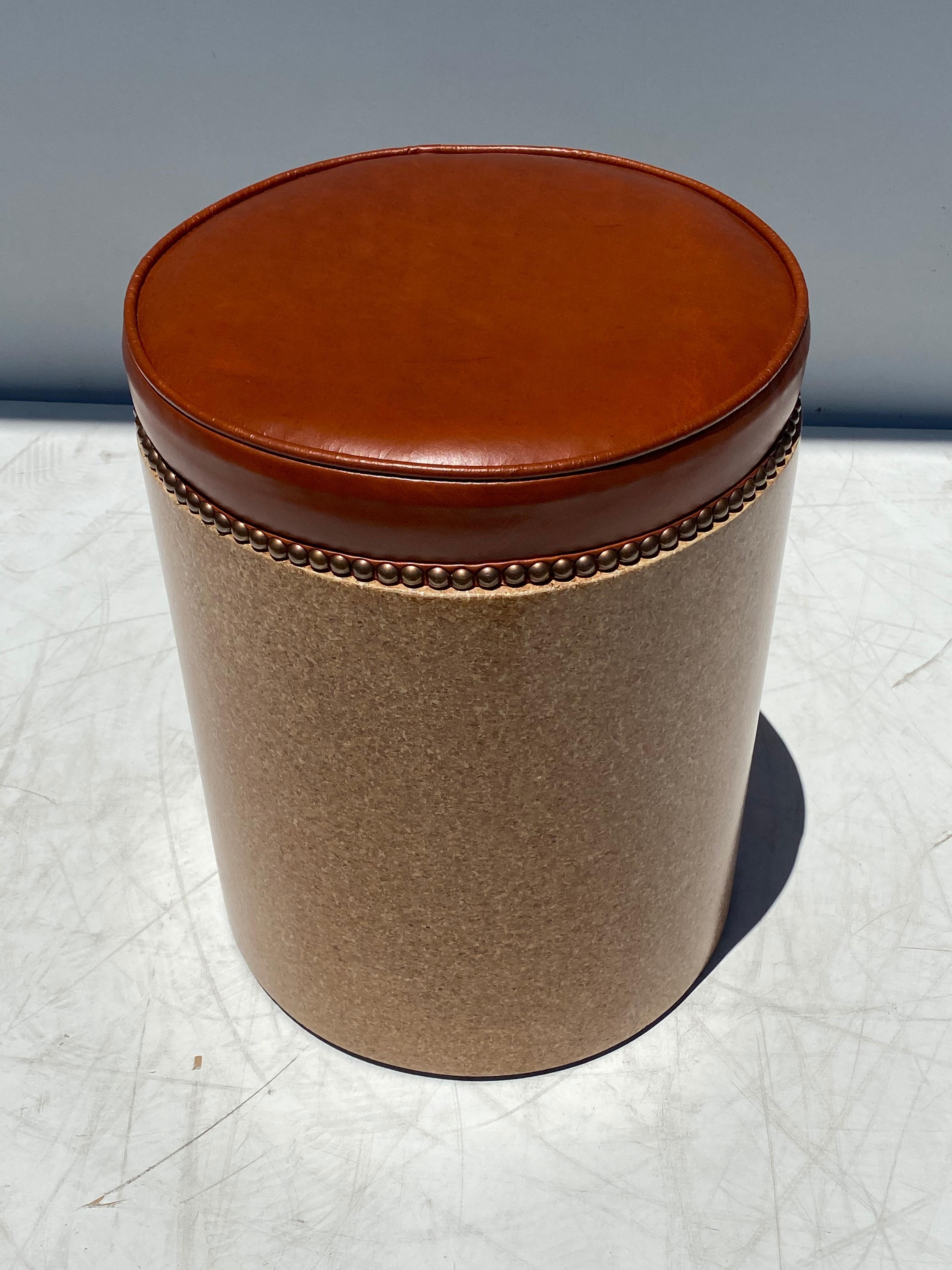 Mid-Century Modern Cork Side Table / Stool in Vintaged Cognac Leather For Sale