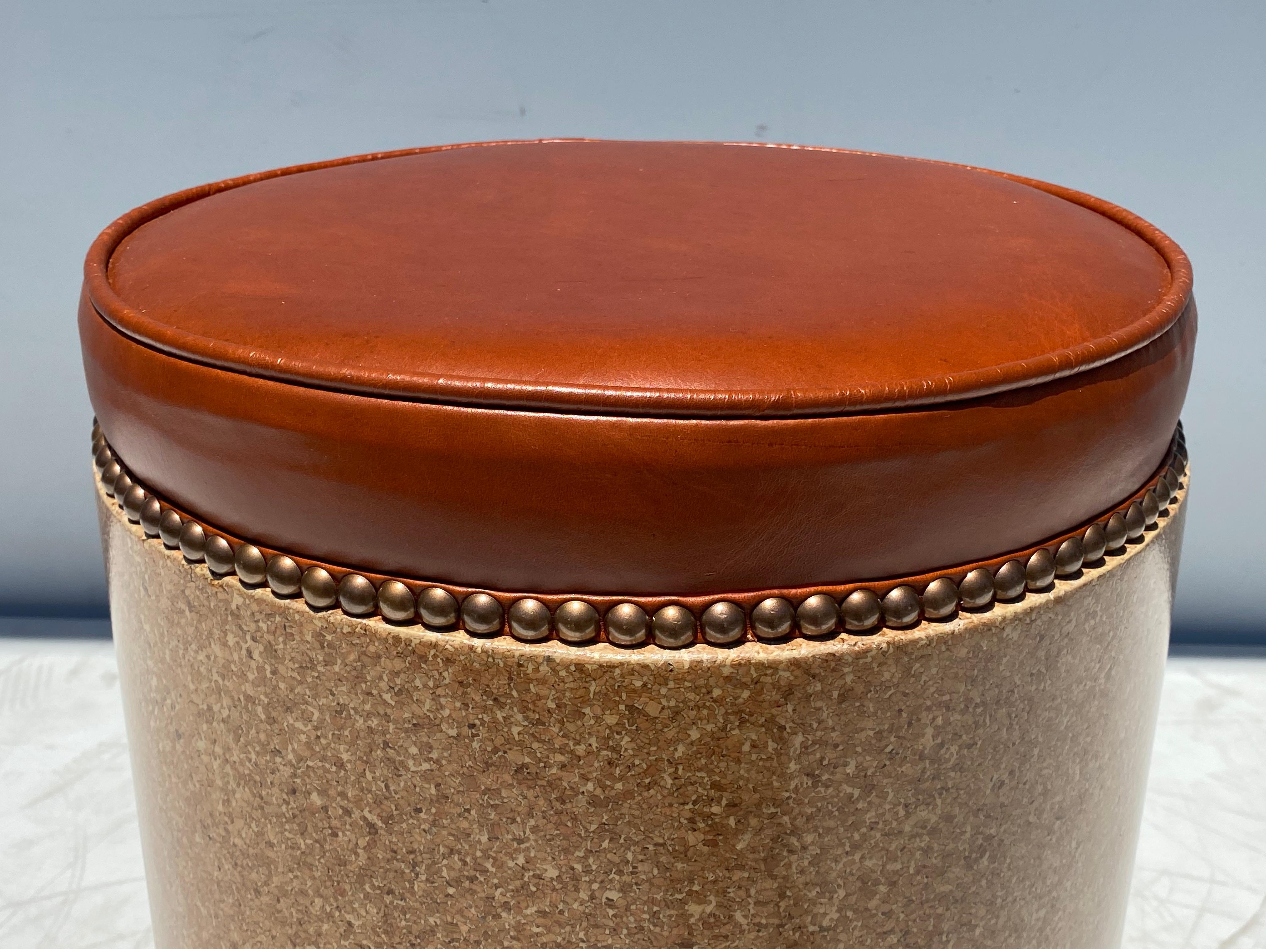 American Cork Side Table / Stool in Vintaged Cognac Leather For Sale