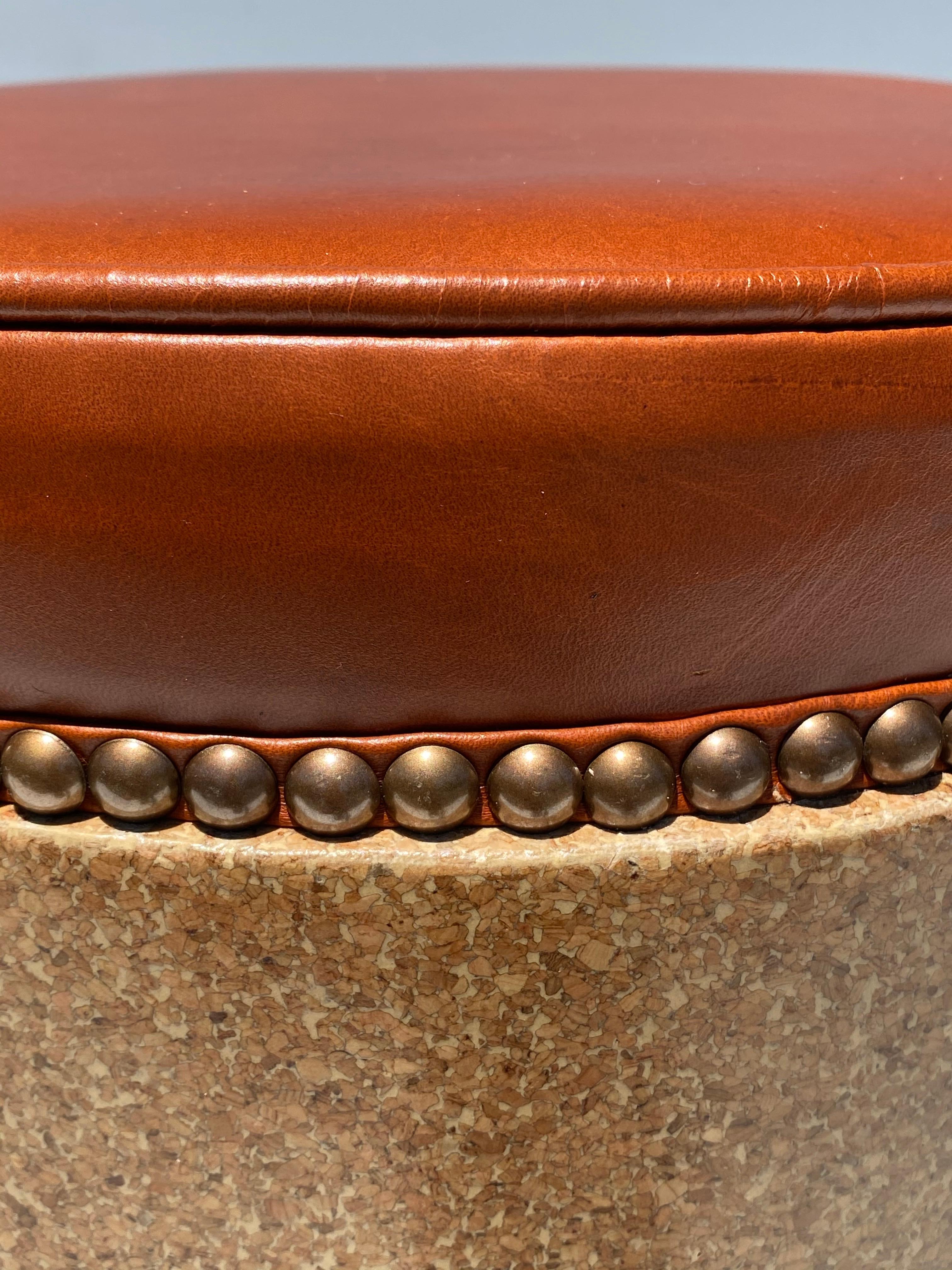Lacquered Cork Side Table / Stool in Vintaged Cognac Leather For Sale