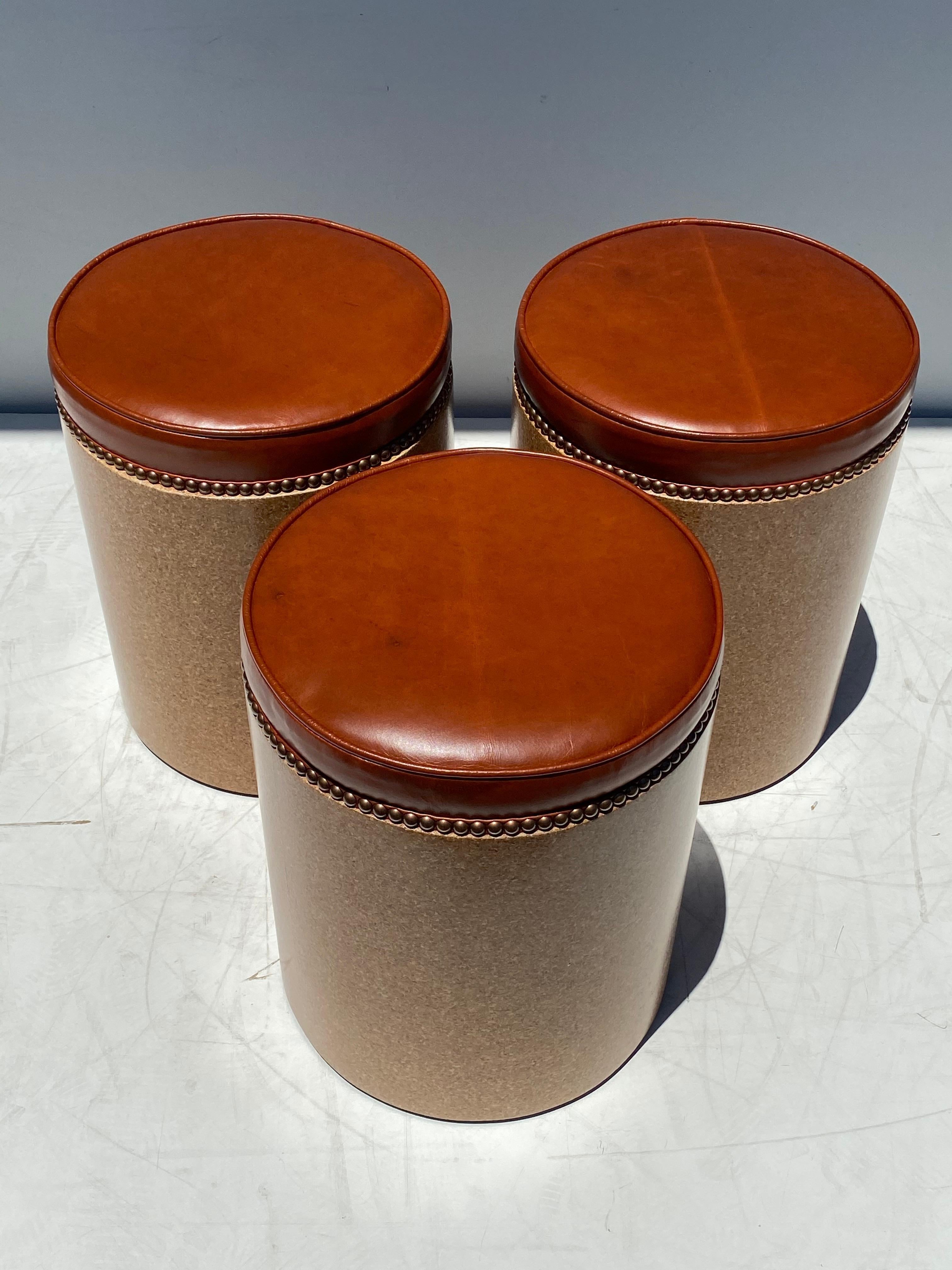 Cork Side Table / Stool in Vintaged Cognac Leather In Good Condition For Sale In North Hollywood, CA