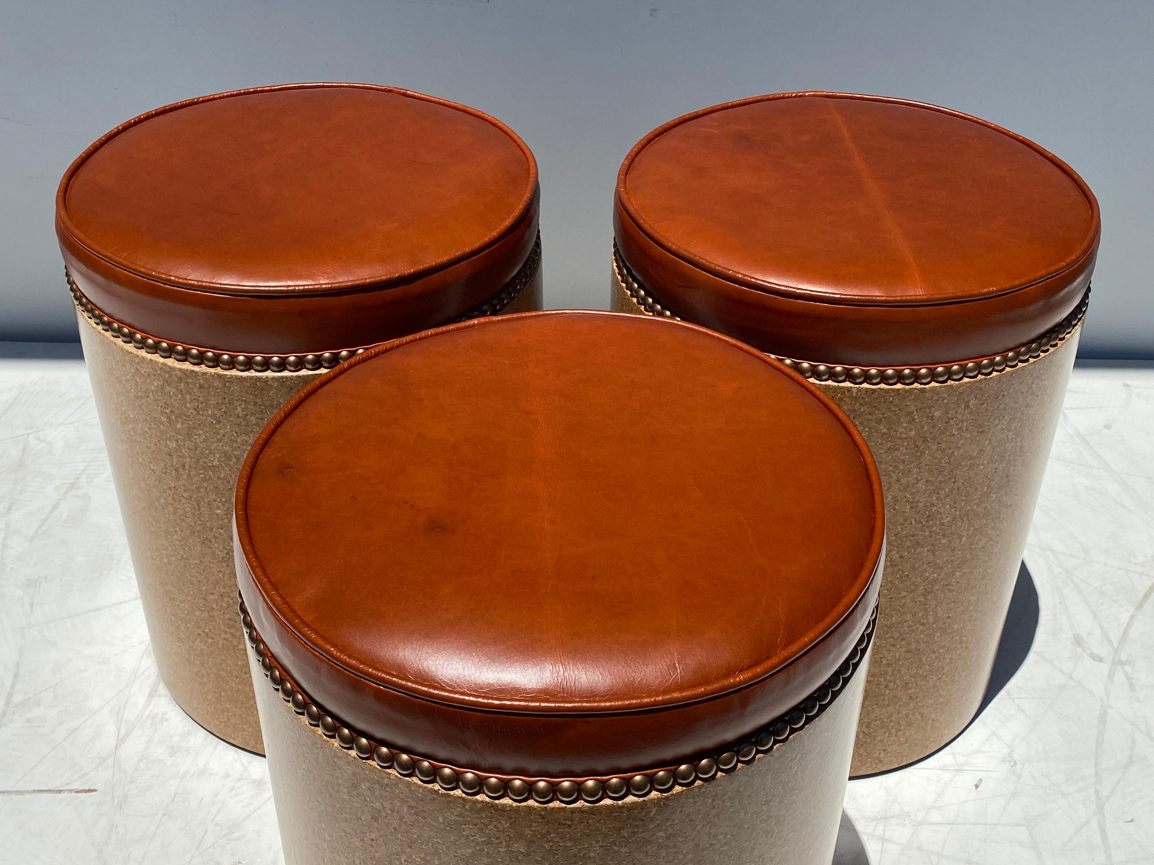 20th Century Cork Side Table / Stool in Vintaged Cognac Leather For Sale