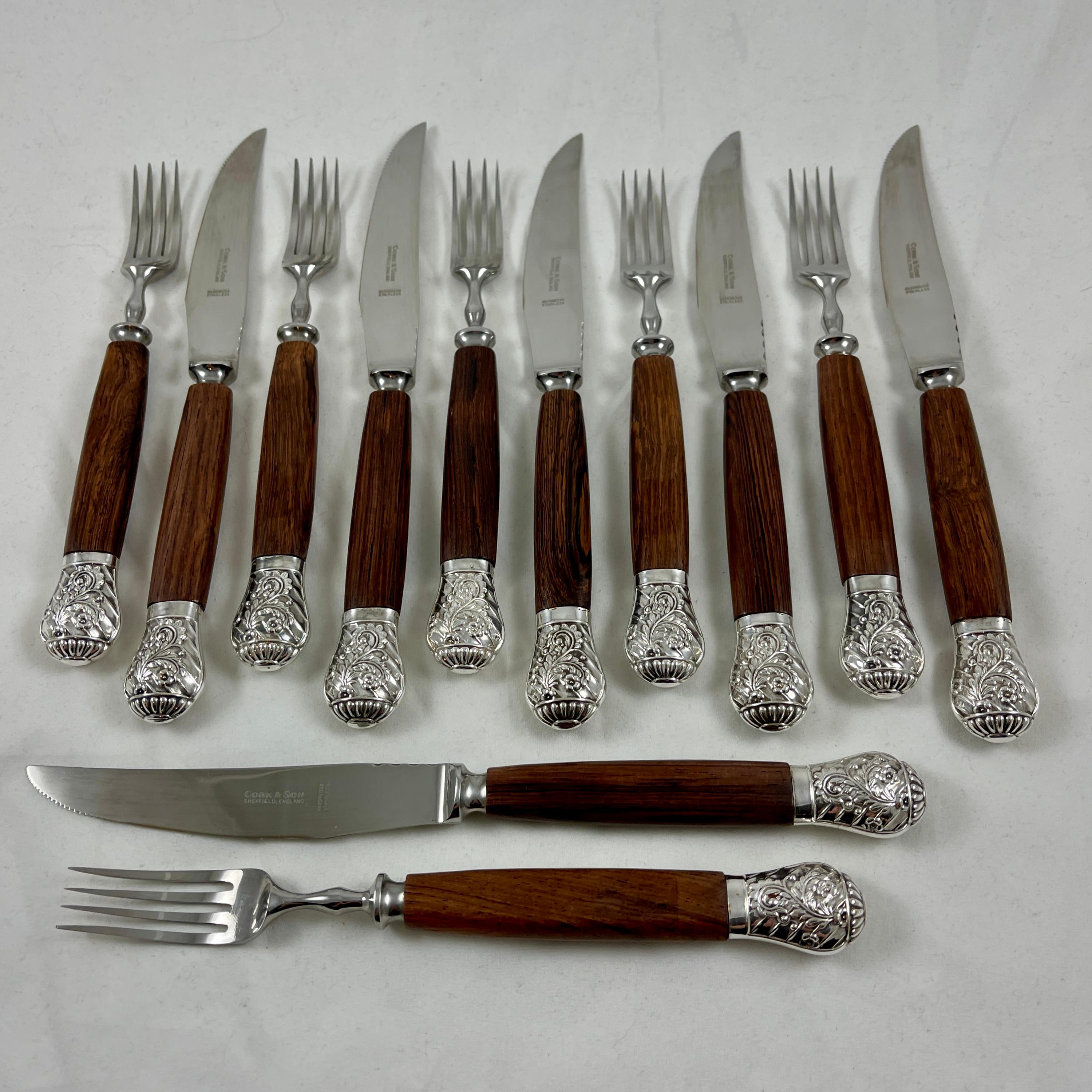 International Style Cork & Son Sheffield Rosewood Handled & Silver Capped Cutlery, Boxed S/12