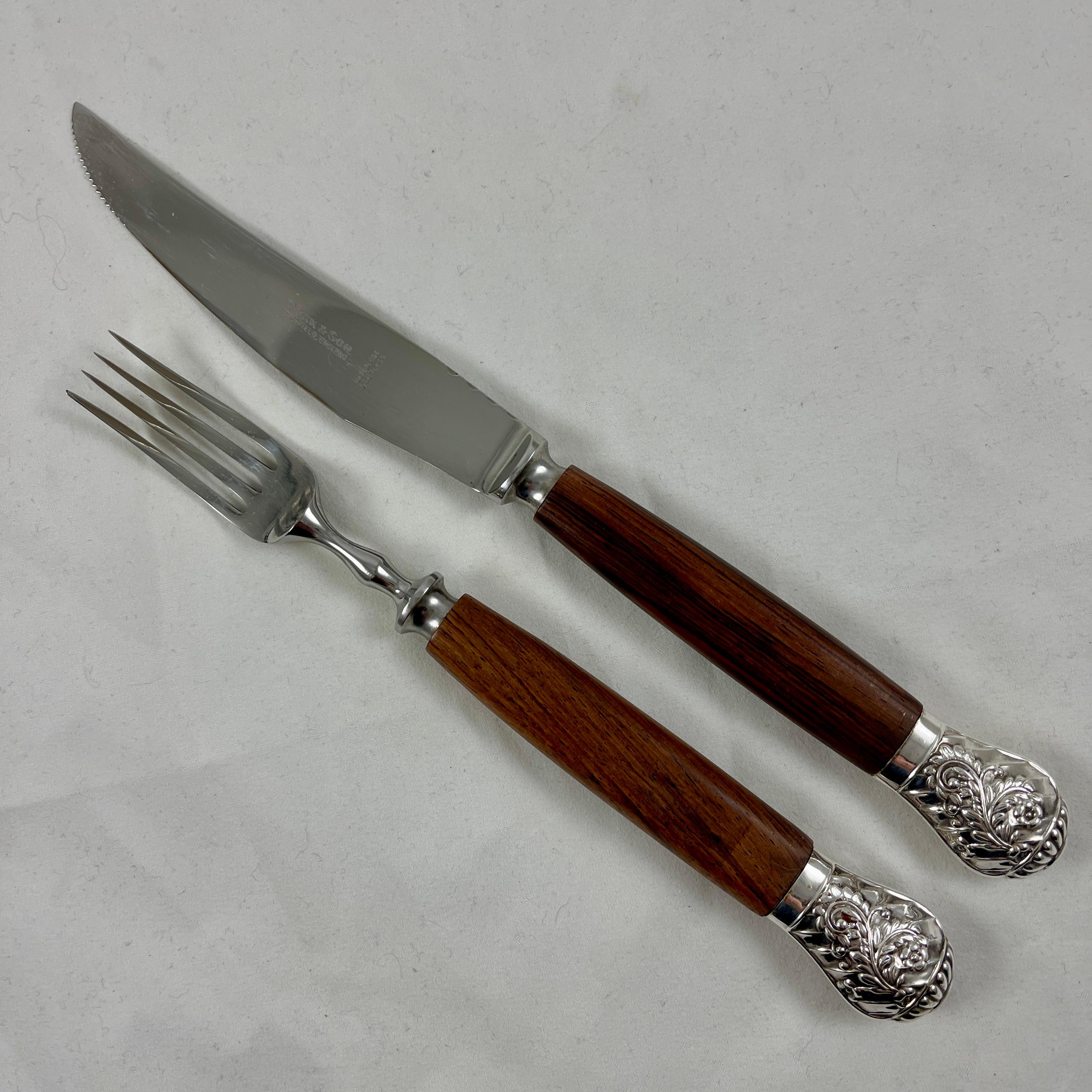 English Cork & Son Sheffield Rosewood Handled & Silver Capped Cutlery, Boxed S/12