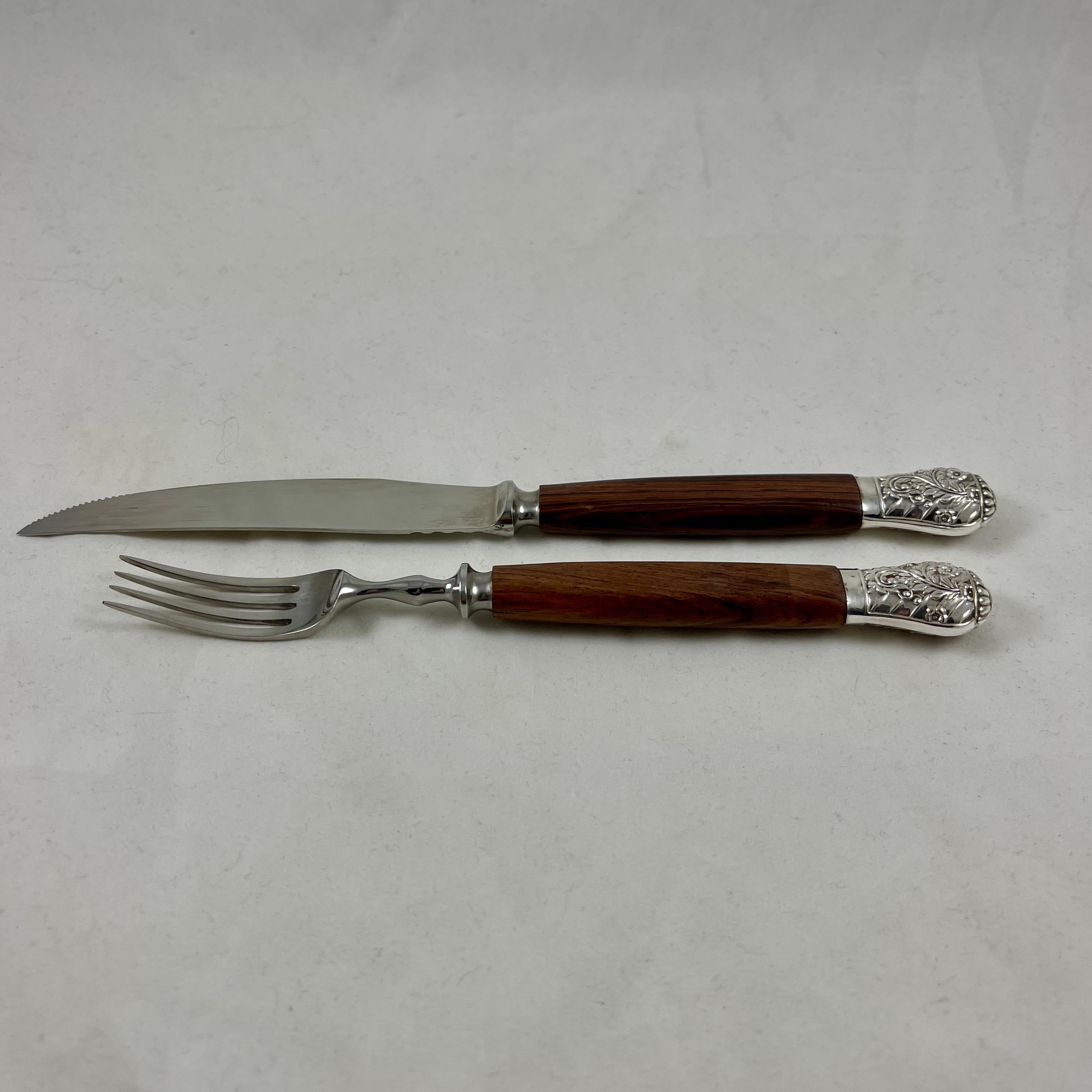 Cork & Son Sheffield Rosewood Handled & Silver Capped Cutlery, Boxed S/12 In Good Condition In Philadelphia, PA