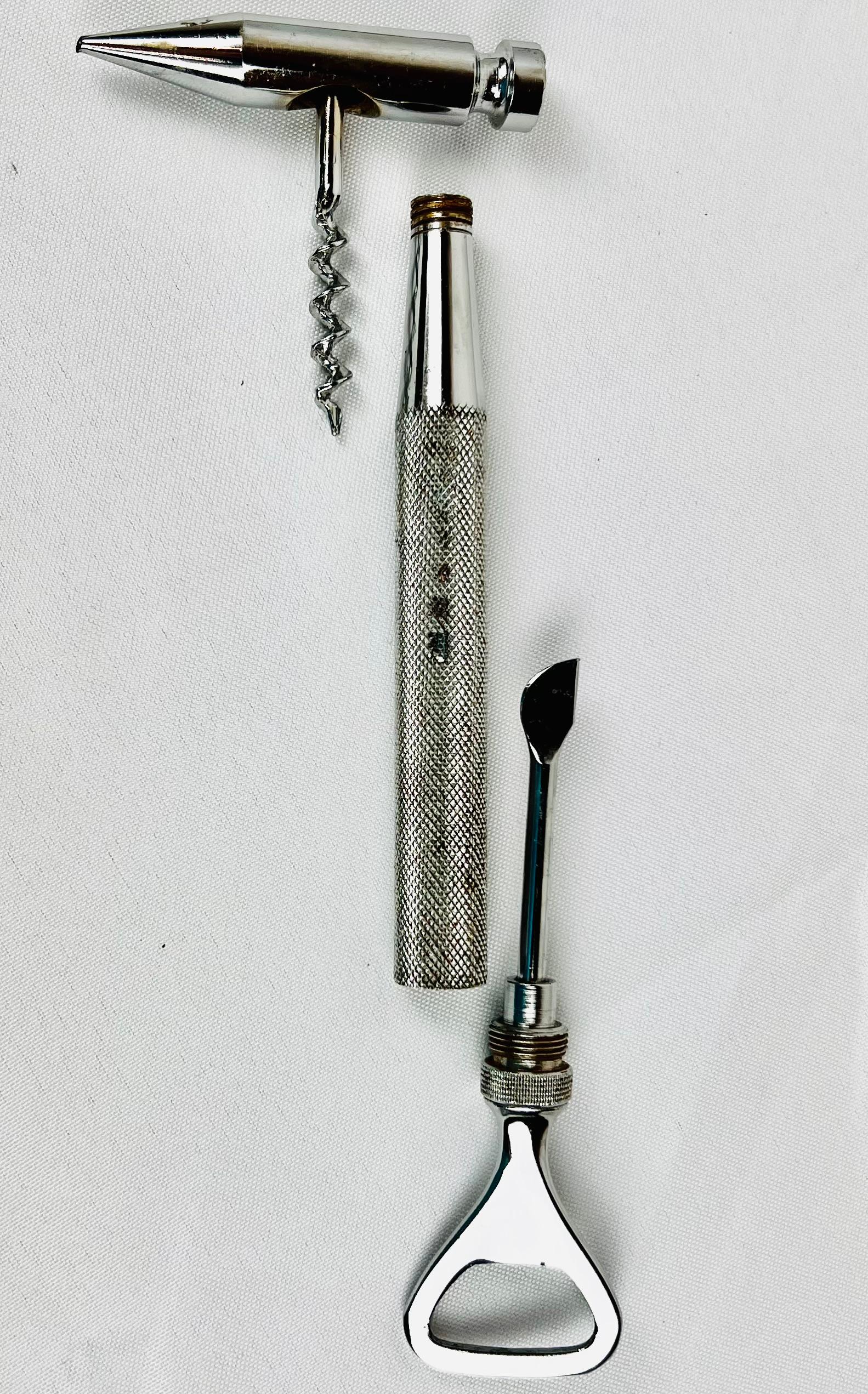 This unique bartool separates into three pieces. The body has a non-slip textured surface. The bottle opener unscrews from the top revealing a bar knife. The bottom section has the ice pick and ice chopper. It unscrews to reveal the corkscrew while