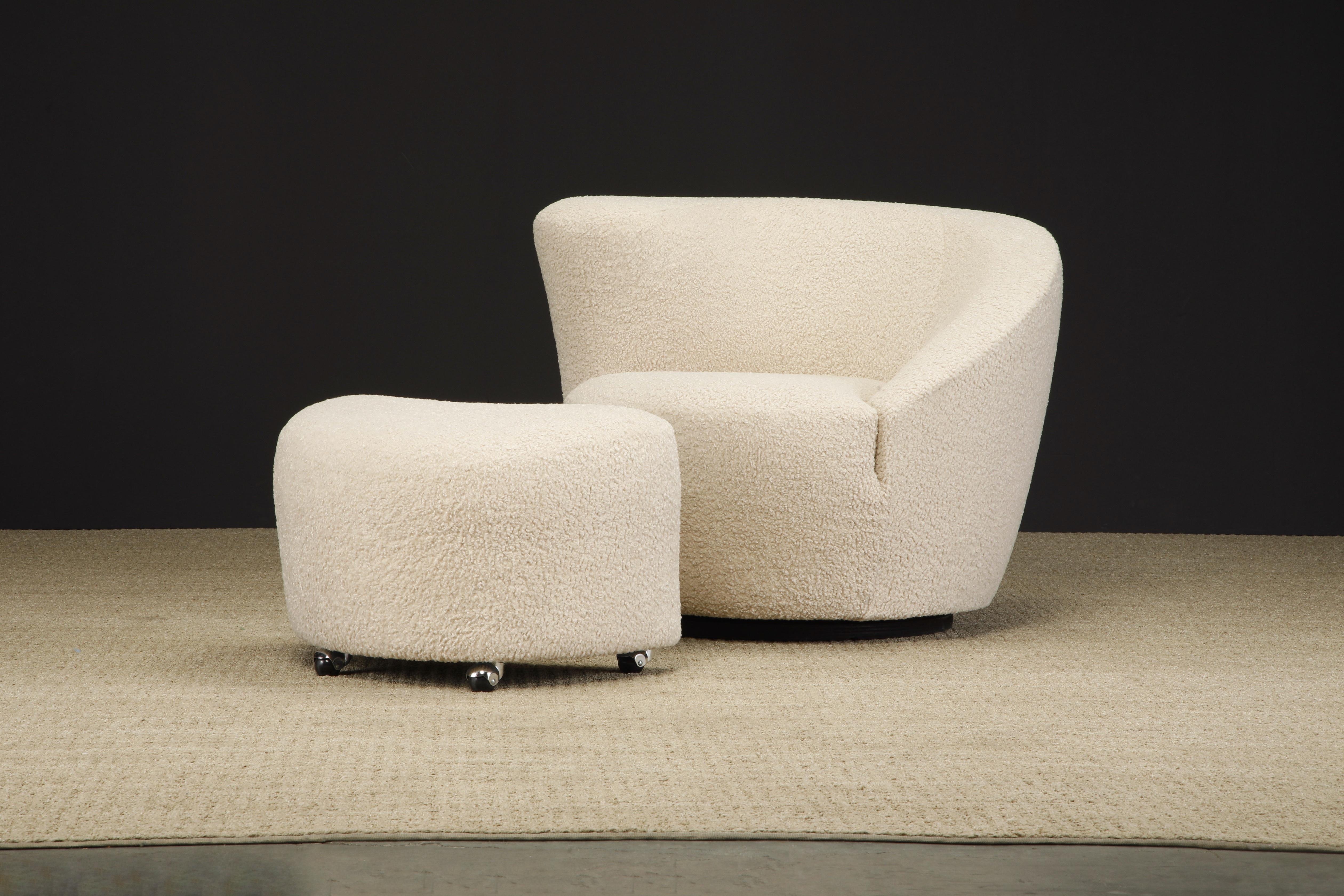 Newly reupholstered in a soft and nubby light beige bouclé, this 'Corkscrew' swivel chair with ottoman by Vladimir Kagan for Directional, circa 1980s / 90s is signed with a Directional label underneath the chair. This classic Post-Modern club chairs