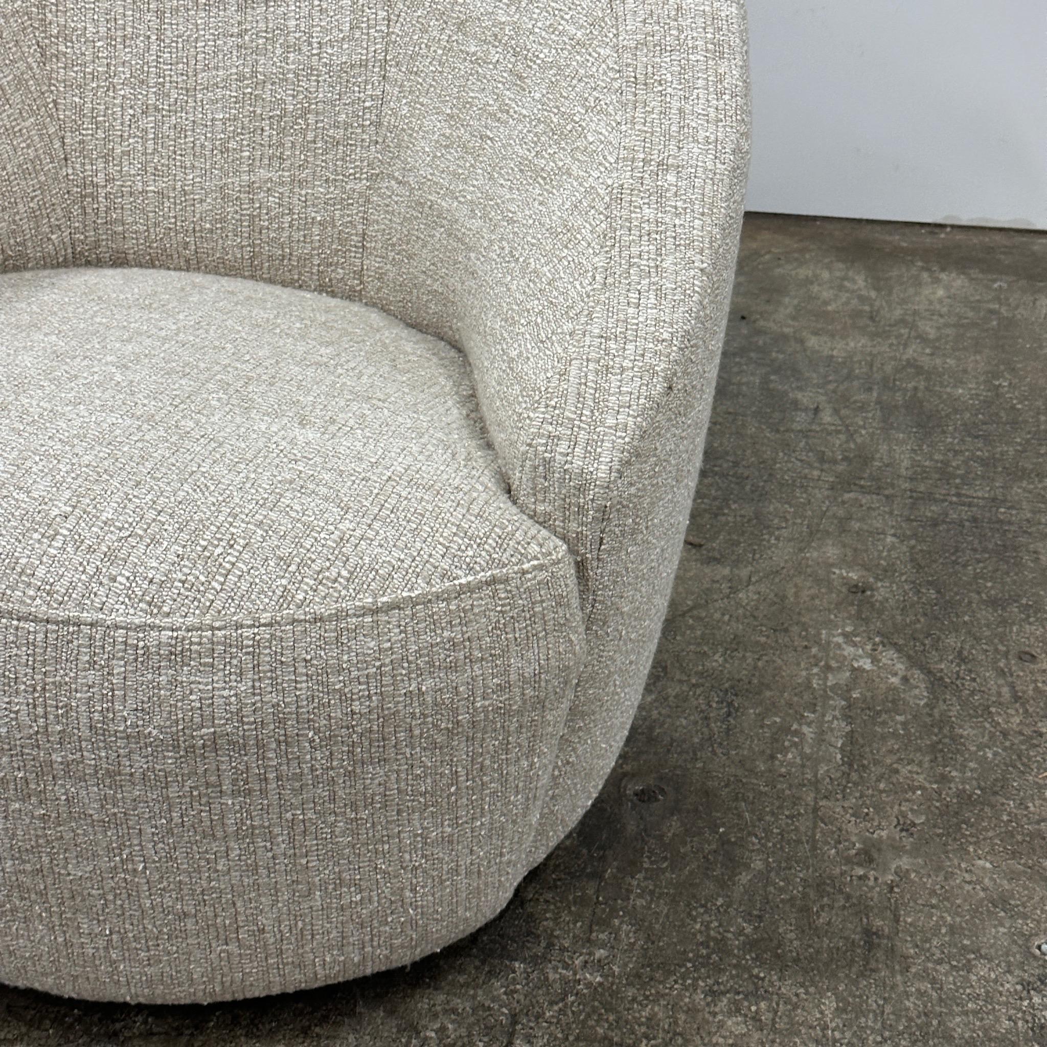 c. 1980s. Reupholstered in nubby chenille from Fishman's Fabrics. Tagged Directional. Original example designed by Vladimir Kagan, not one of the fake remakes of it. 