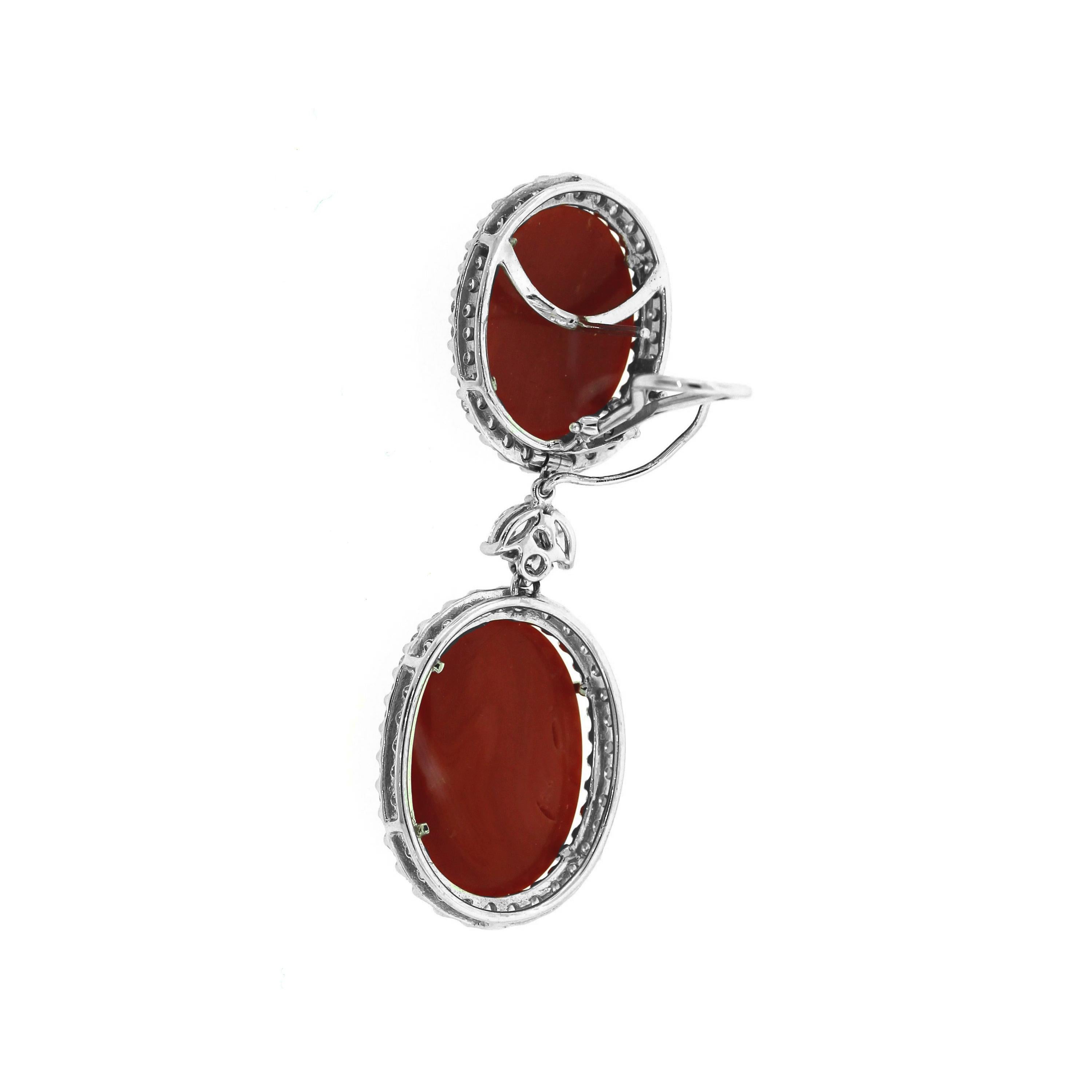 Oval Cut Coral and Diamond Drop Earrings with White Gold