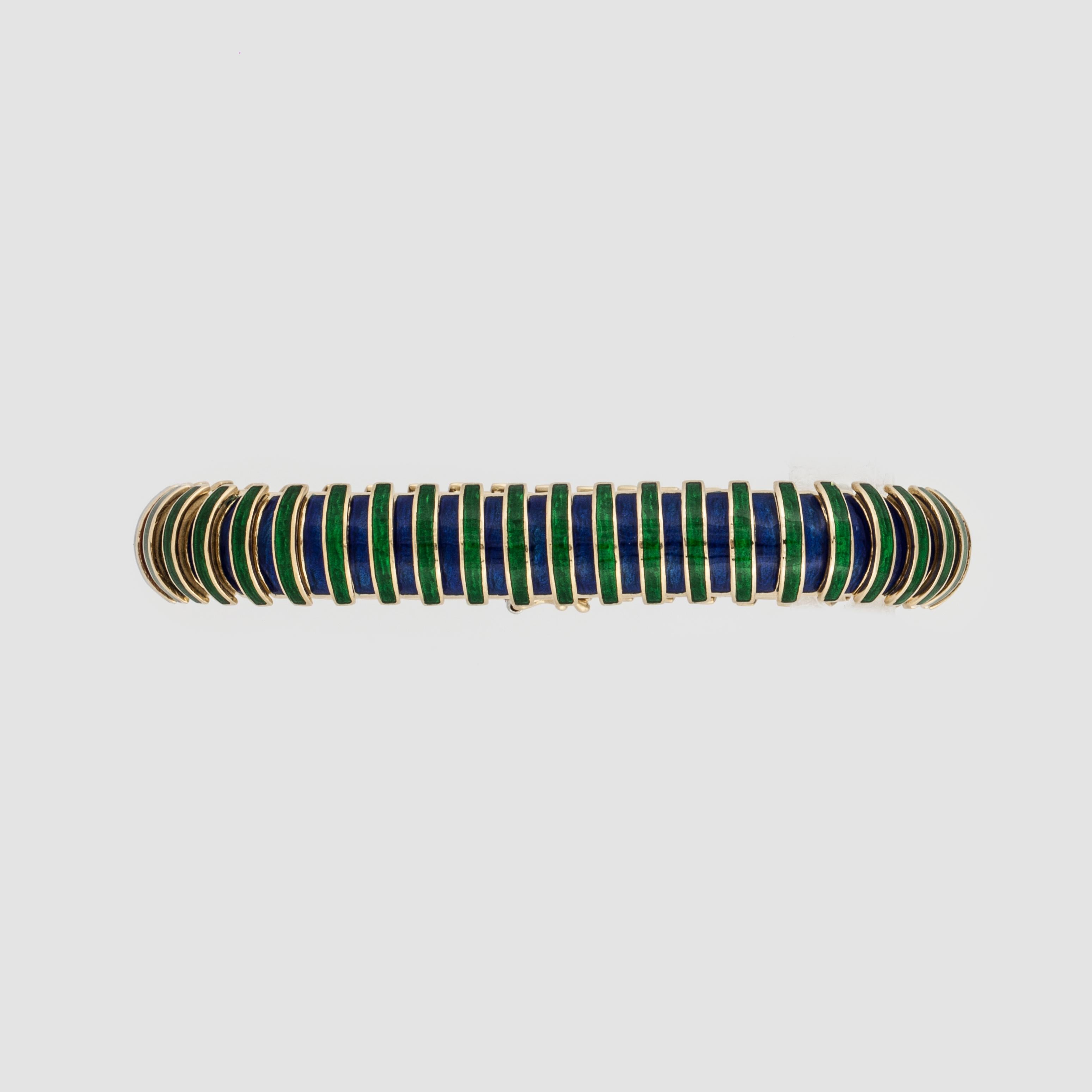 Corletti bracelet is 18K yellow gold with blue and green enamel.  It is marked 