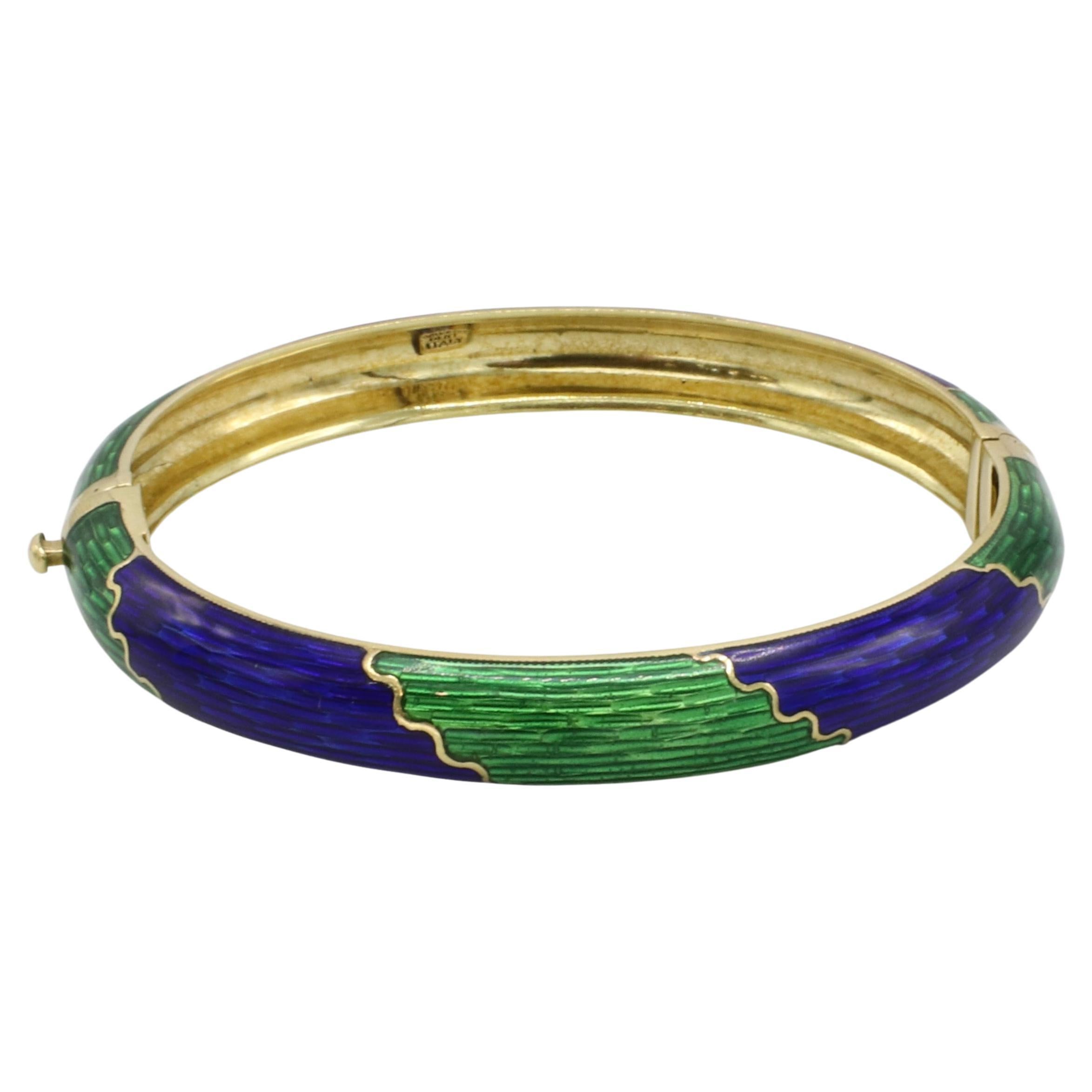 Corletto 18 Karat Yellow Gold Blue & Green Enamel Bangle Bracelet