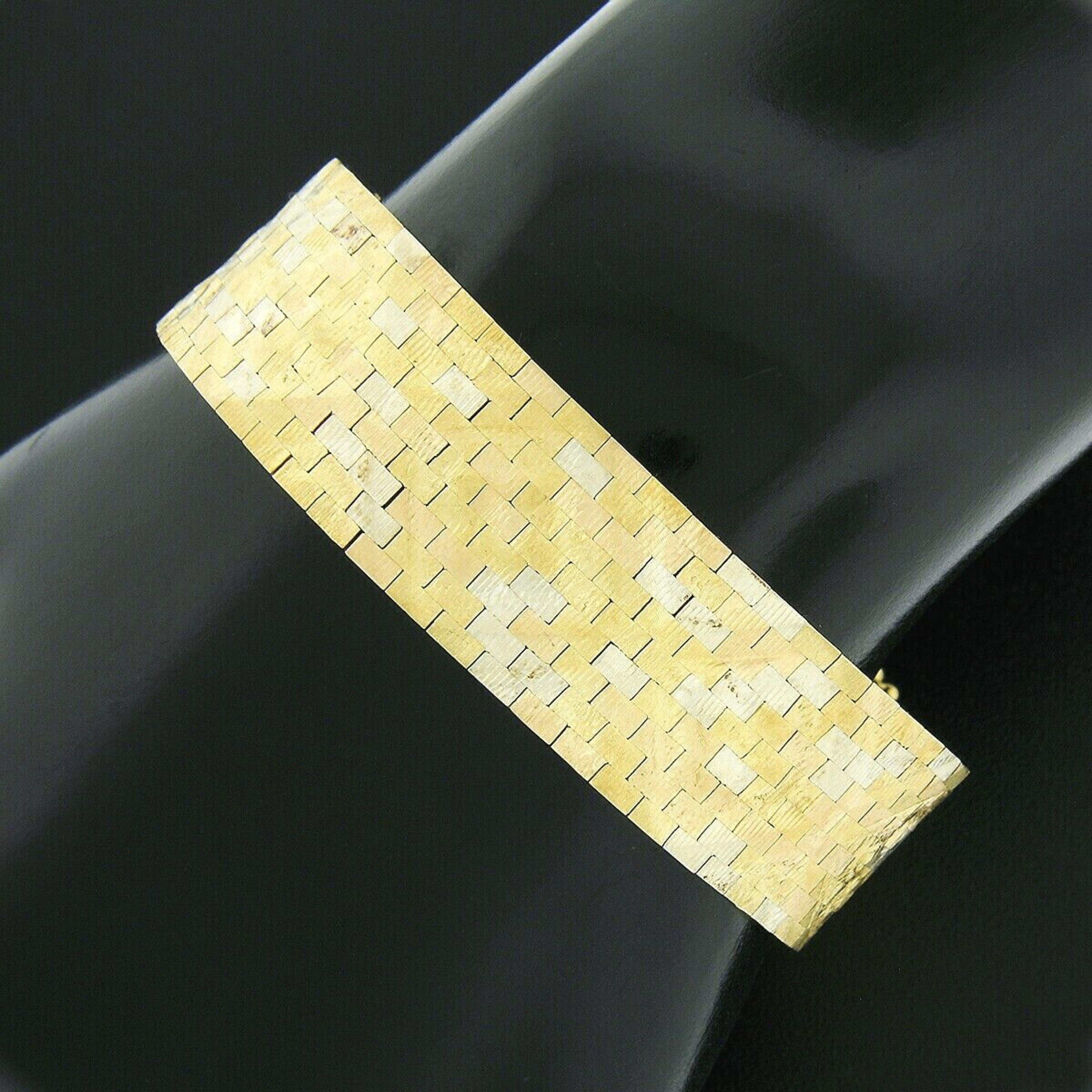 Women's Corletto 18k TT Gold Textured Brick Floral Pattern Flexible Wide Strap Bracelet For Sale
