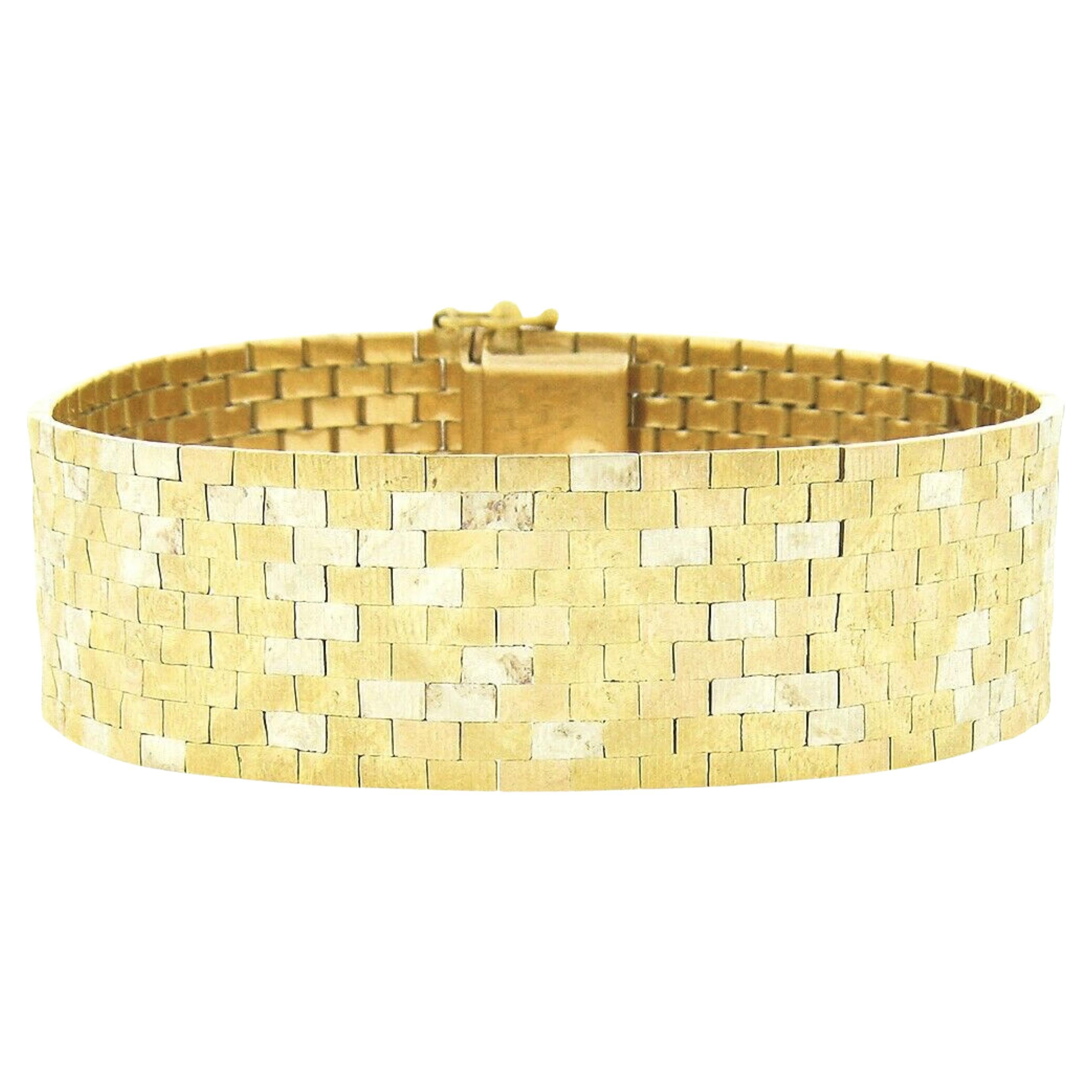 Corletto 18k TT Gold Textured Brick Floral Pattern Flexible Wide Strap Bracelet For Sale