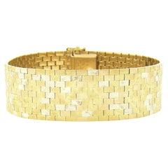 Retro Corletto 18k TT Gold Textured Brick Floral Pattern Flexible Wide Strap Bracelet
