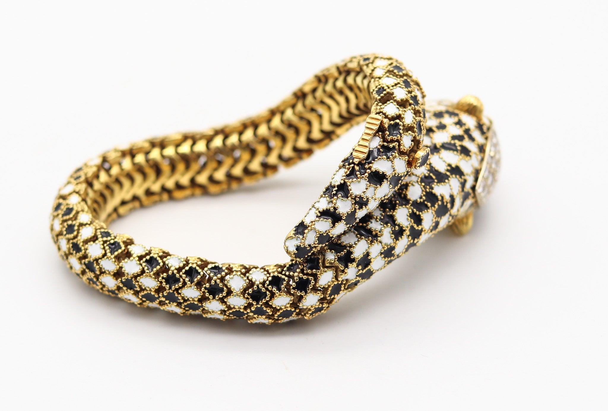 CORLETTO 1960 Bracelet souple félin émaillé en or 18Kt avec pierres précieuses Pour femmes en vente