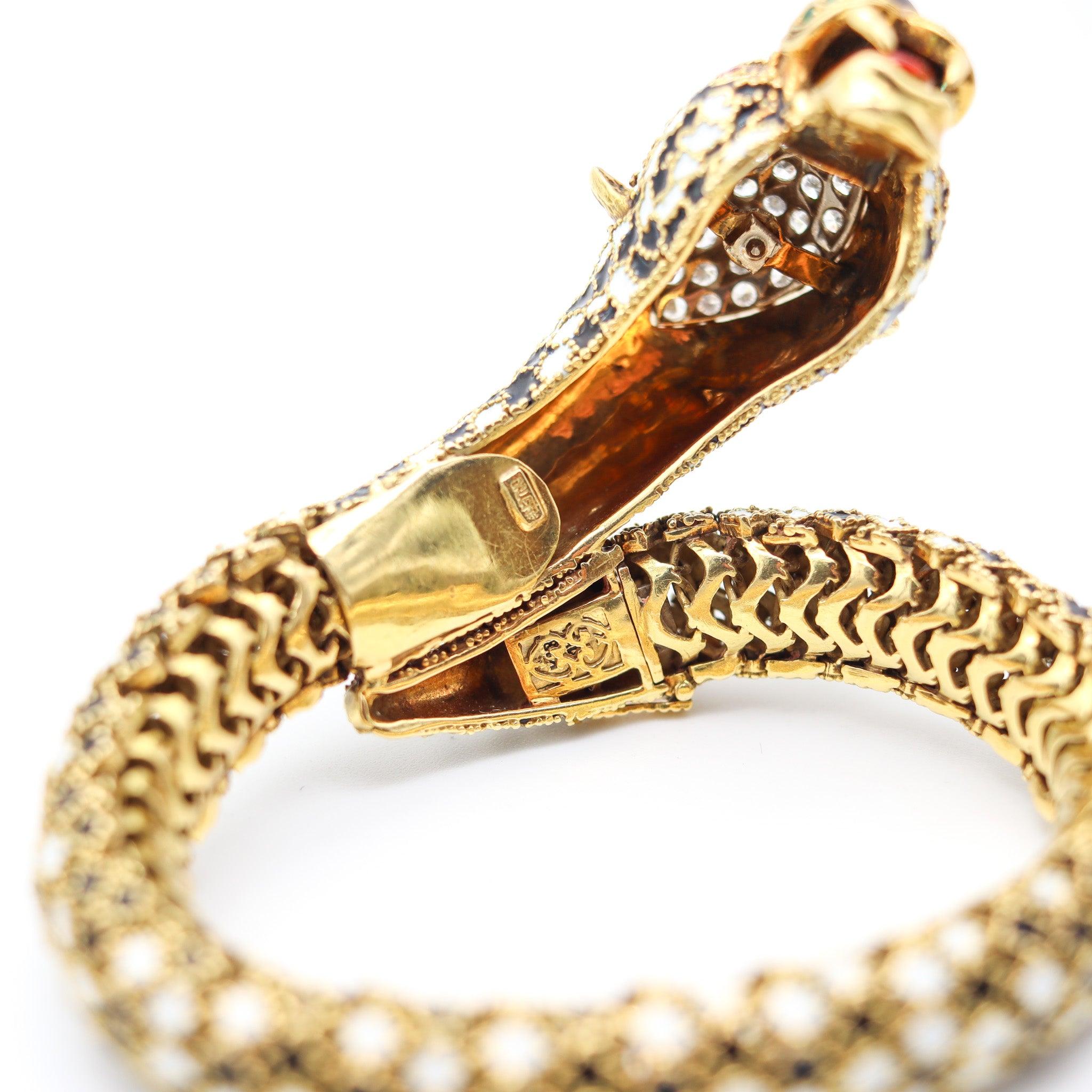 CORLETTO 1960 Bracelet souple félin émaillé en or 18Kt avec pierres précieuses en vente 2