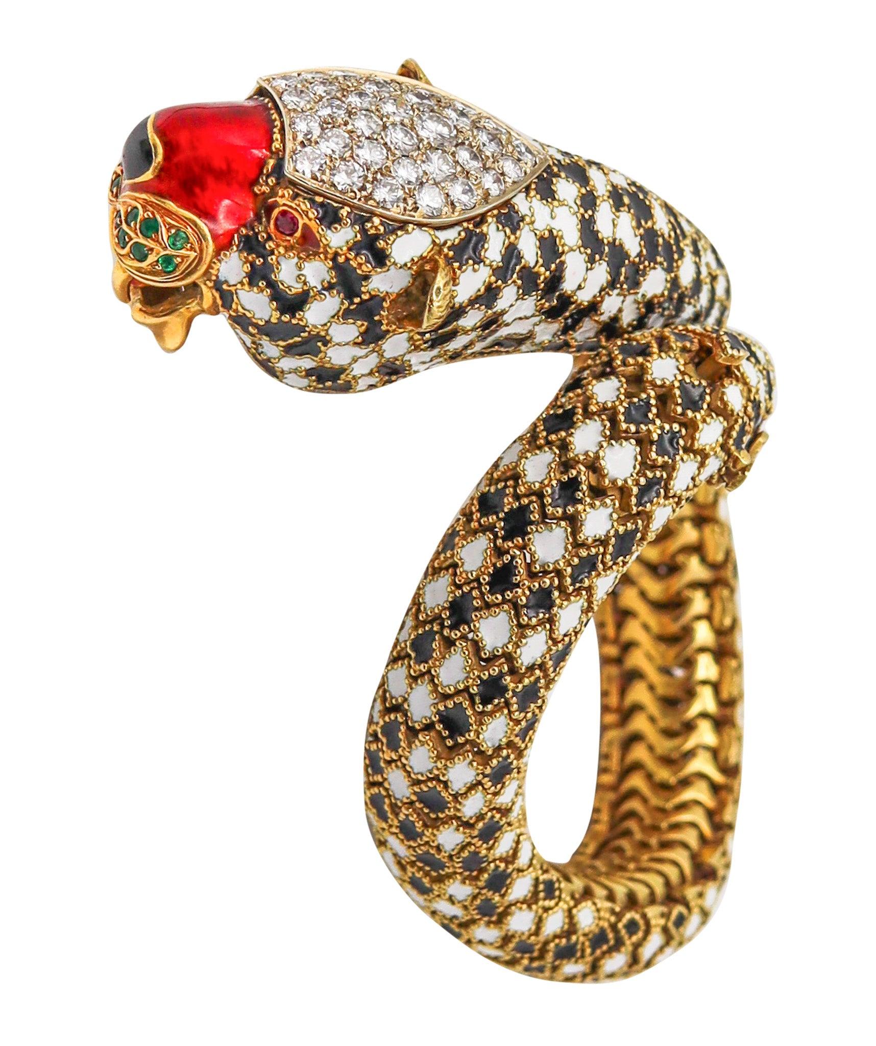 CORLETTO 1960 Bracelet souple félin émaillé en or 18Kt avec pierres précieuses en vente