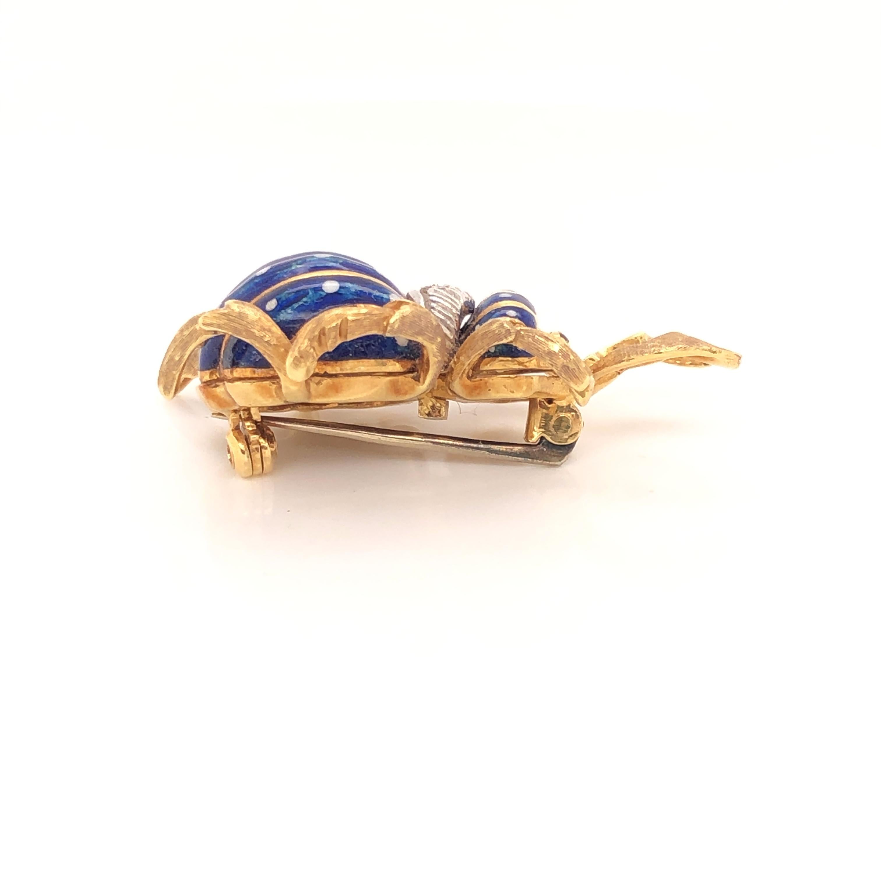 Round Cut Corletto Blue Enamel Diamond Yellow Gold Beetle Bug Brooch Pin For Sale