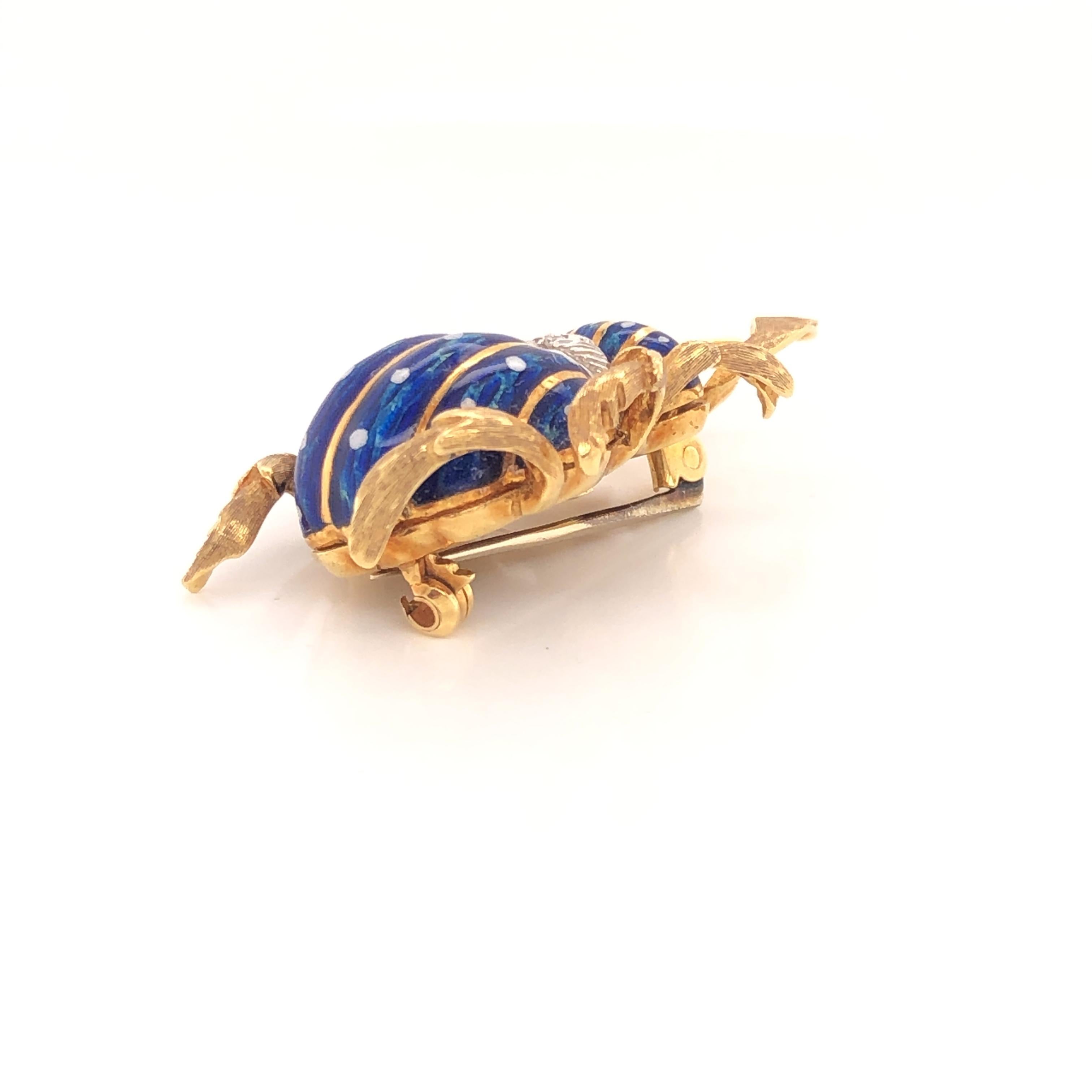 Corletto Blue Enamel Diamond Yellow Gold Beetle Bug Brooch Pin In Good Condition For Sale In Miami Beach, FL