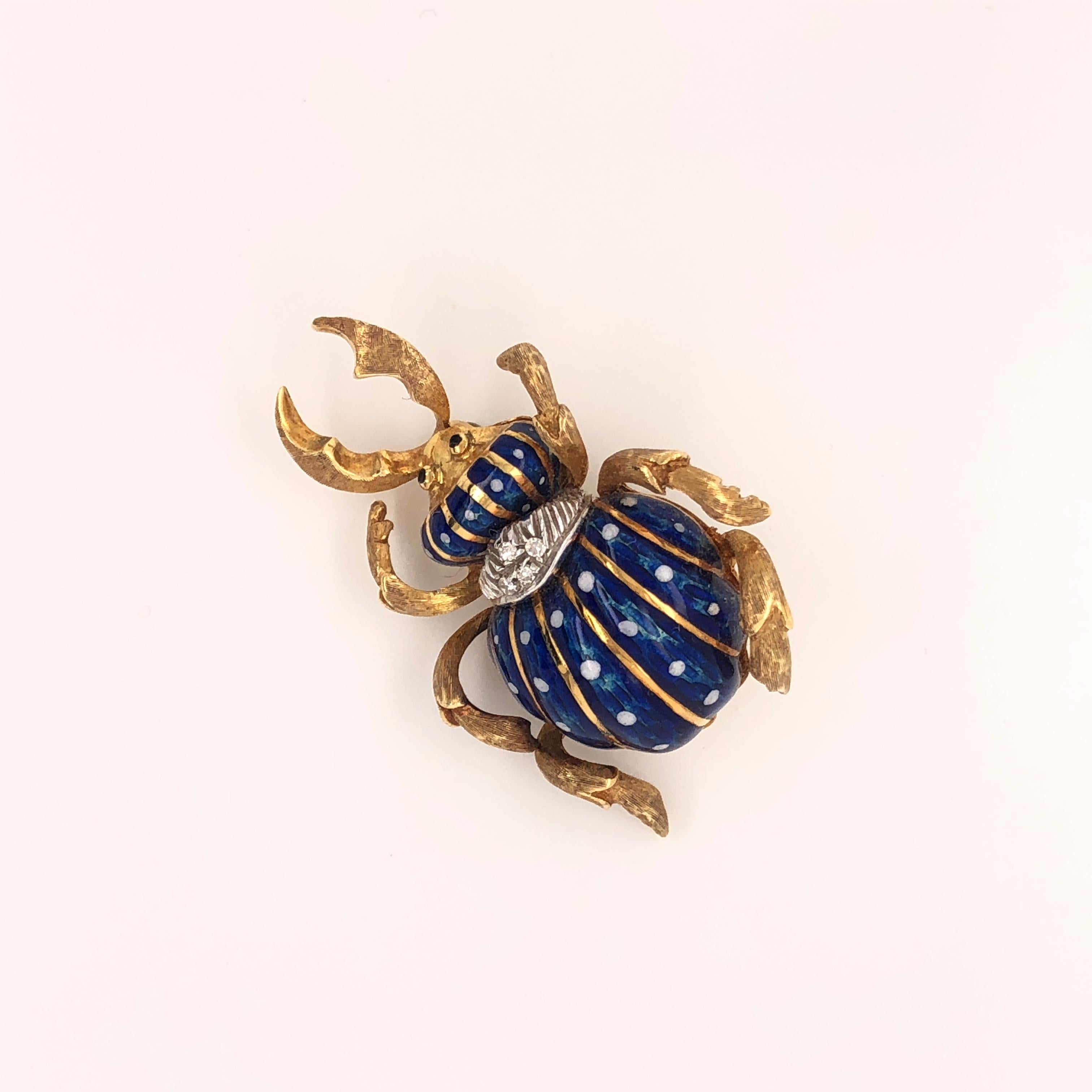 Women's or Men's Corletto Blue Enamel Diamond Yellow Gold Beetle Bug Brooch Pin For Sale