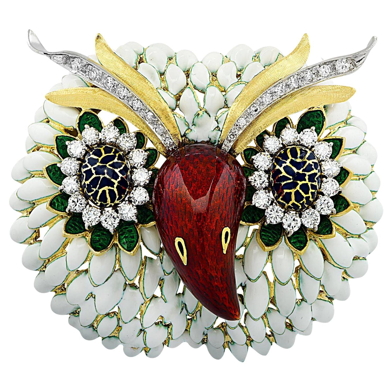 Corletto Enamel and Diamond Owl Clip Brooch For Sale