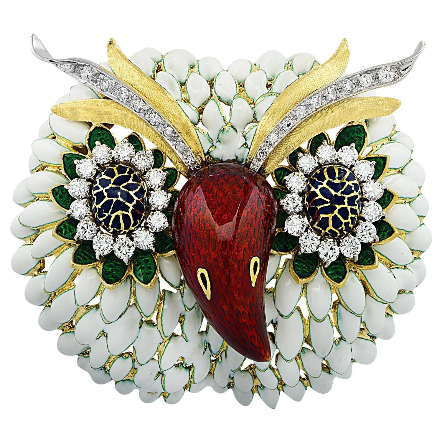 A large enamel owl clip brooch by Corletto embellished with 2 carats of diamonds. Made in Italy, circa 1970. 
