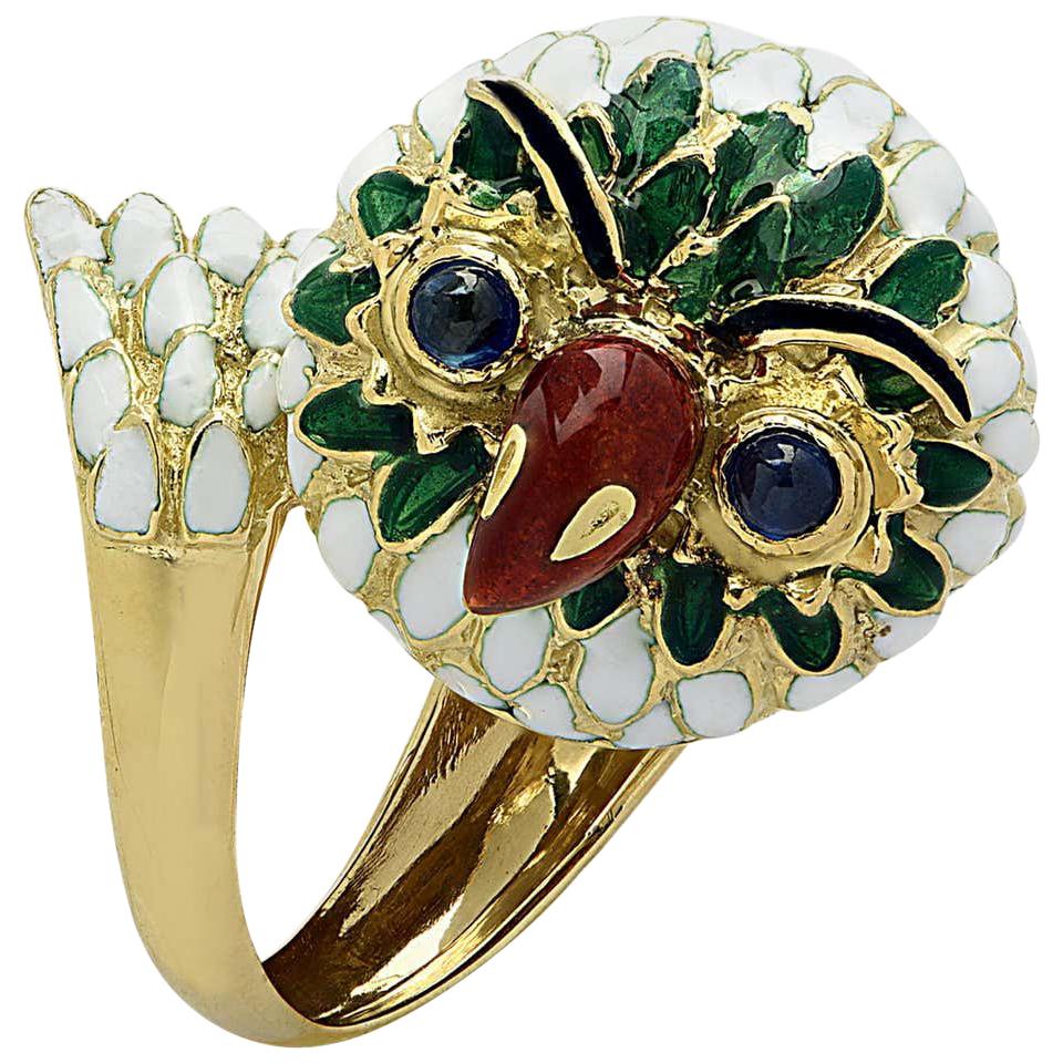 Corletto Enamel Sapphire Yellow Gold Owl Ring For Sale