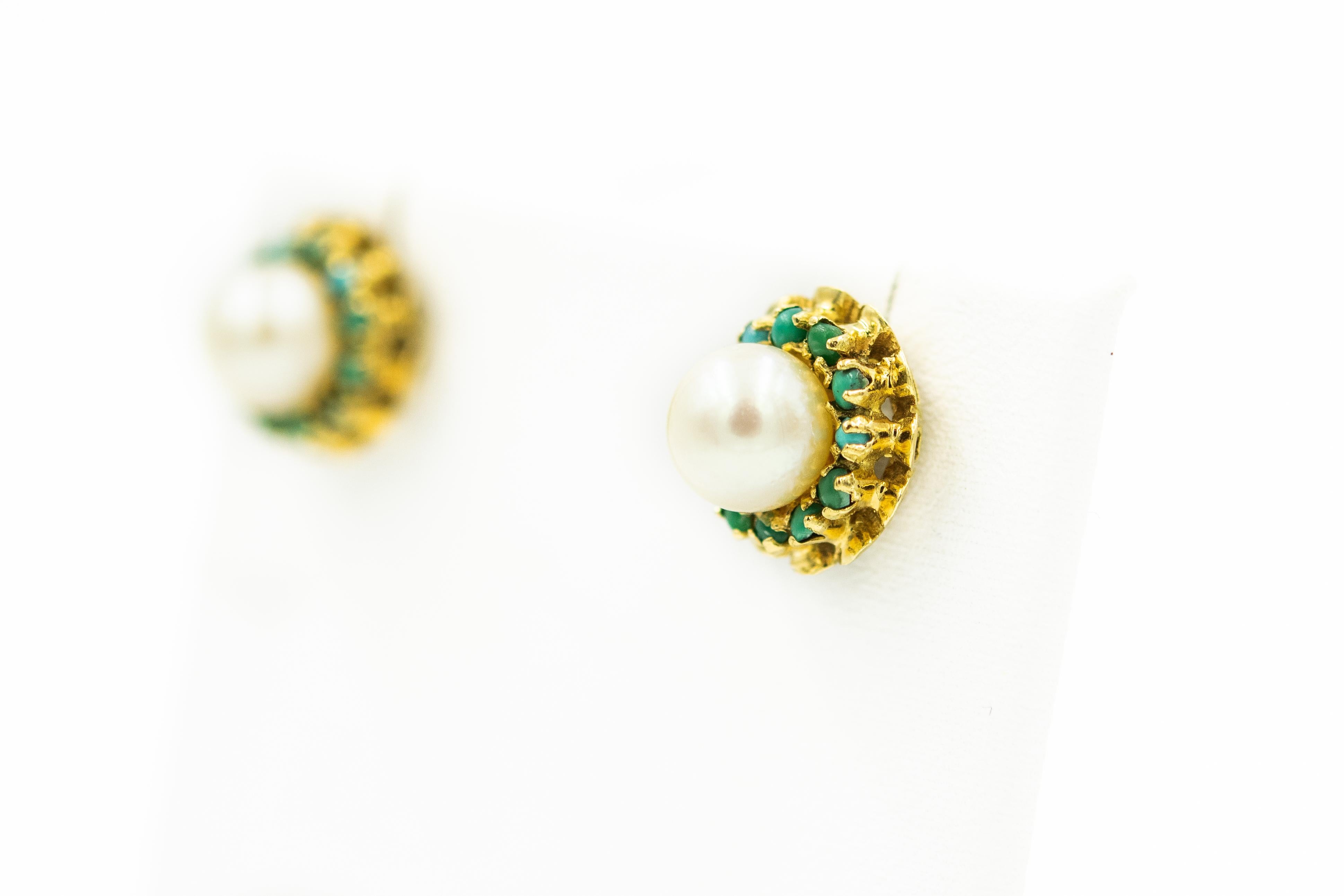Mid 20th Century beautifully made by Corletto in Italy.  These floral button shaped earrings featuring  7 mm plus size pearl centrally set in a four prong turquoise cabochon frame within a petal shaped scalloped frame.  The earrings have screw back