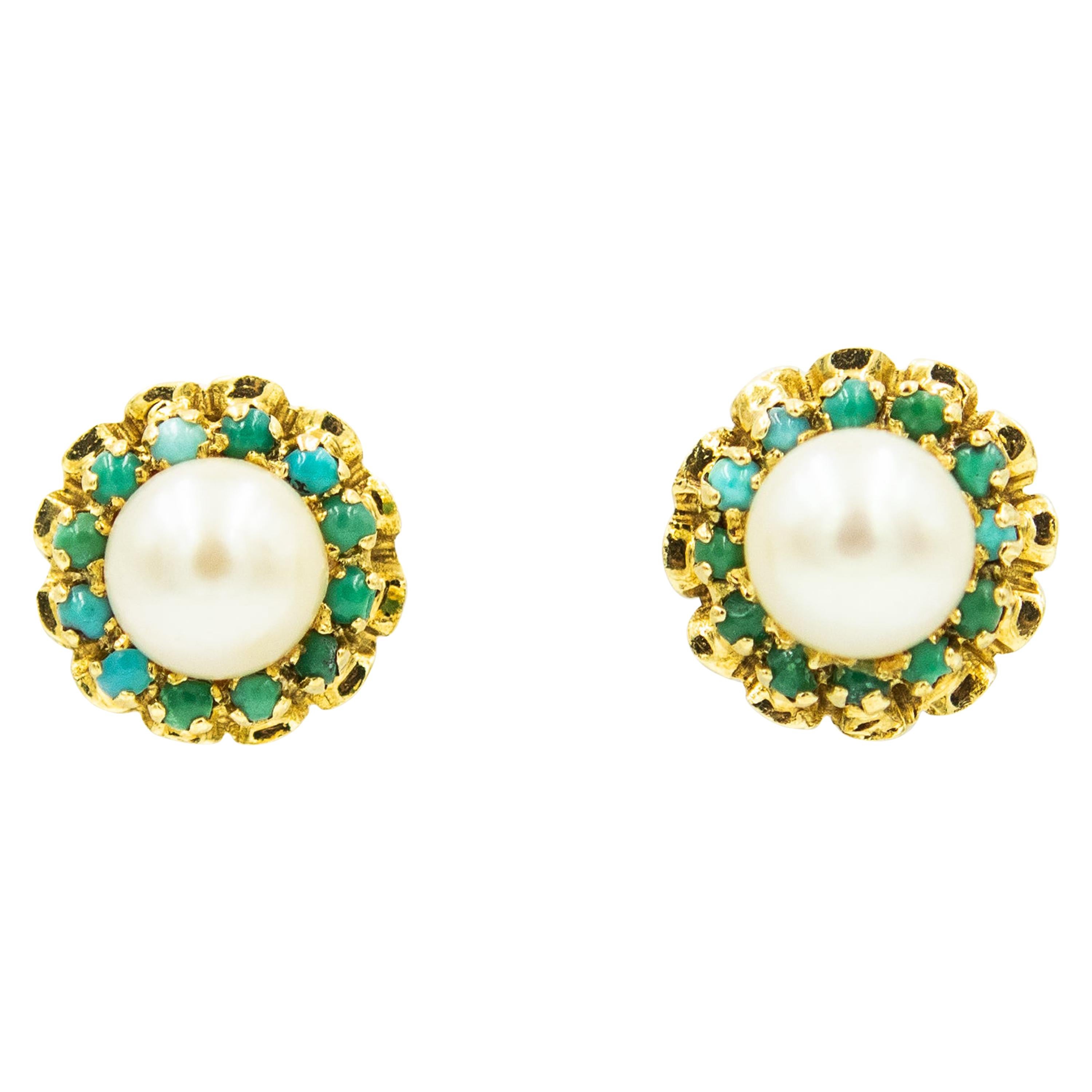 Corletto Italy Cultured Pearl and Turquoise Flower Yellow Gold Button Earrings