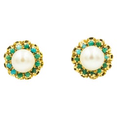 Retro Corletto Italy Cultured Pearl and Turquoise Flower Yellow Gold Button Earrings