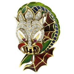 Vintage Corletto Large 18 Karat Gold 2.05 Carat Diamond Ruby & Enamel Dragon Brooch Pin