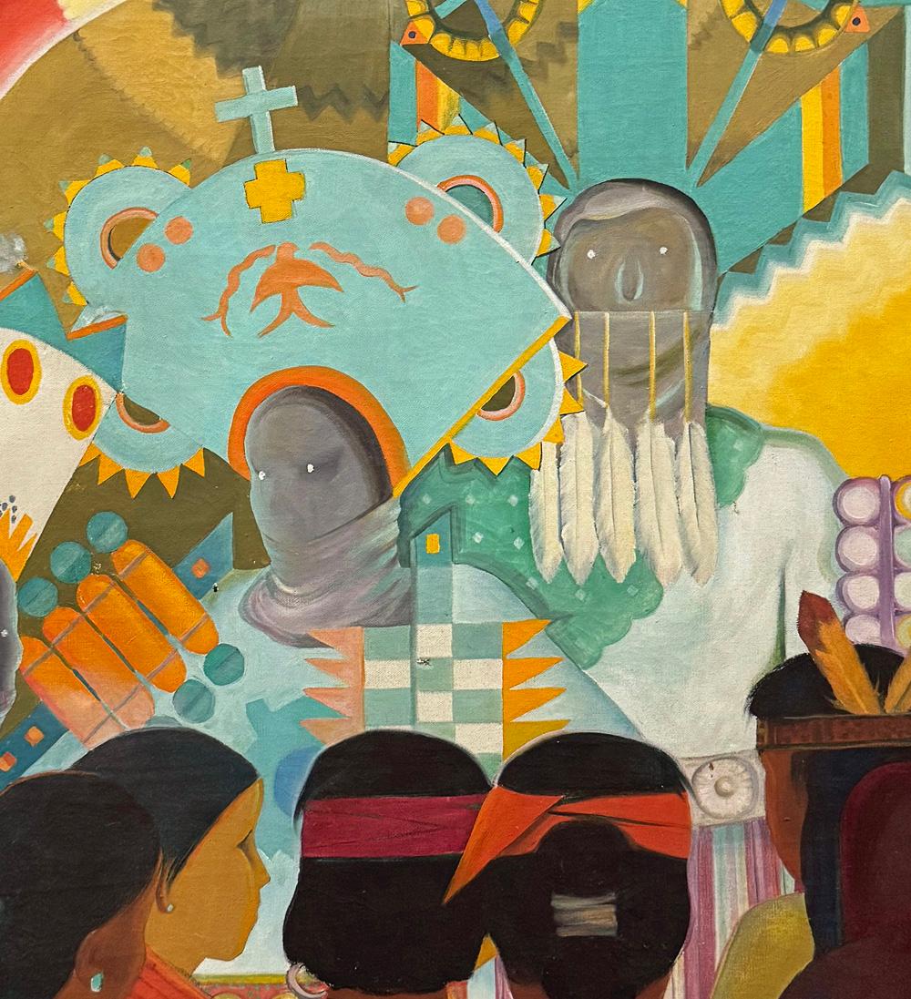 Cette peinture Art déco de Louise Morris offre une vue brillante et vivement colorée d'une danse traditionnelle pueblo, la Tablita. On y voit plusieurs figures féminines portant des tablitas, ou coiffes riches en symboles, ainsi qu'un Koshare ou