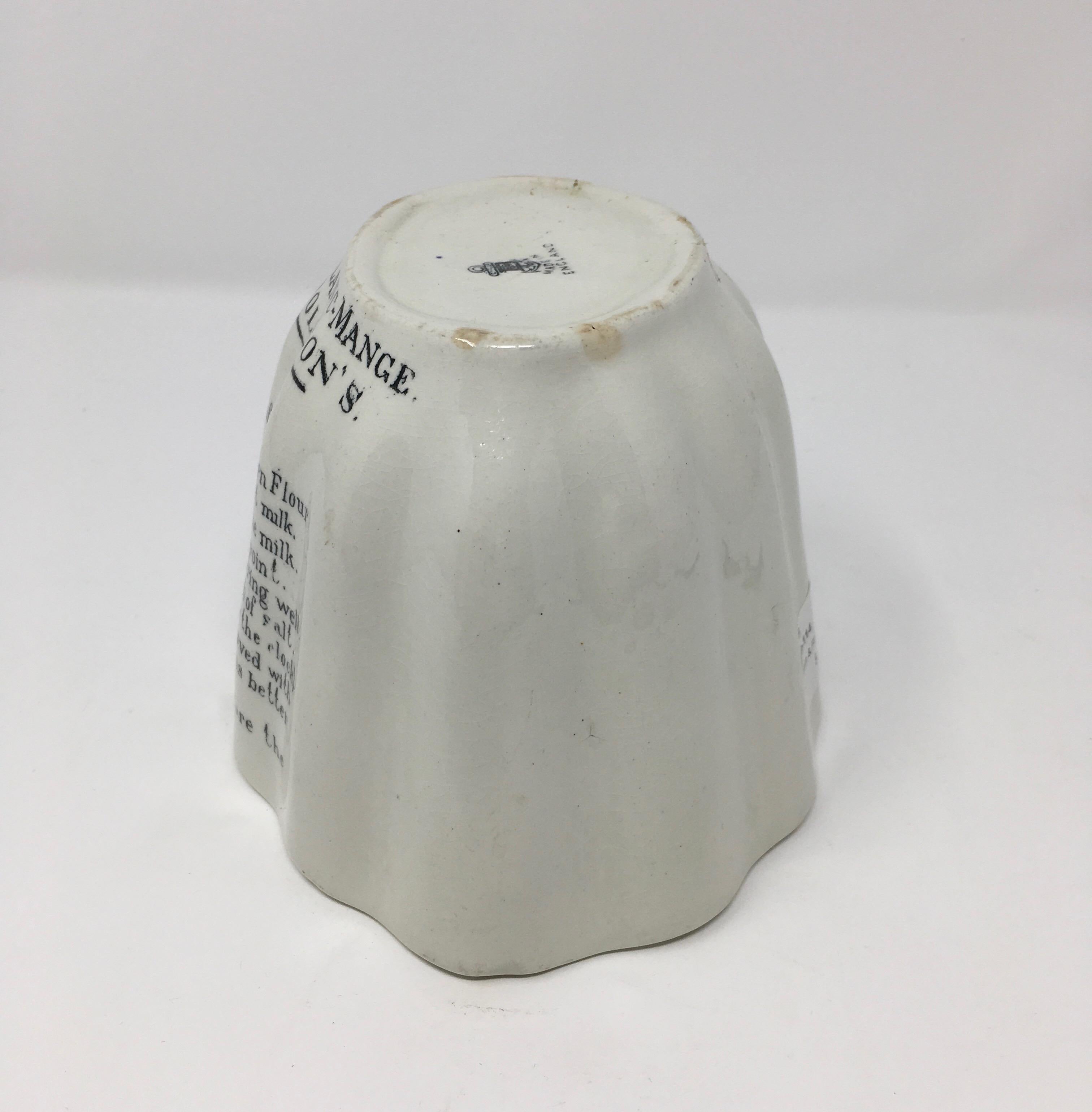 Antique Brown & Polson's Corn Flour Blanc-Mange pudding mold. This antique stoneware mold has a recipe for Corn Flour Blanc- Mange from Brown & Polson's on the side. Blanc-Mange is a sweet desert commonly made with milk or cream and sugar thickened