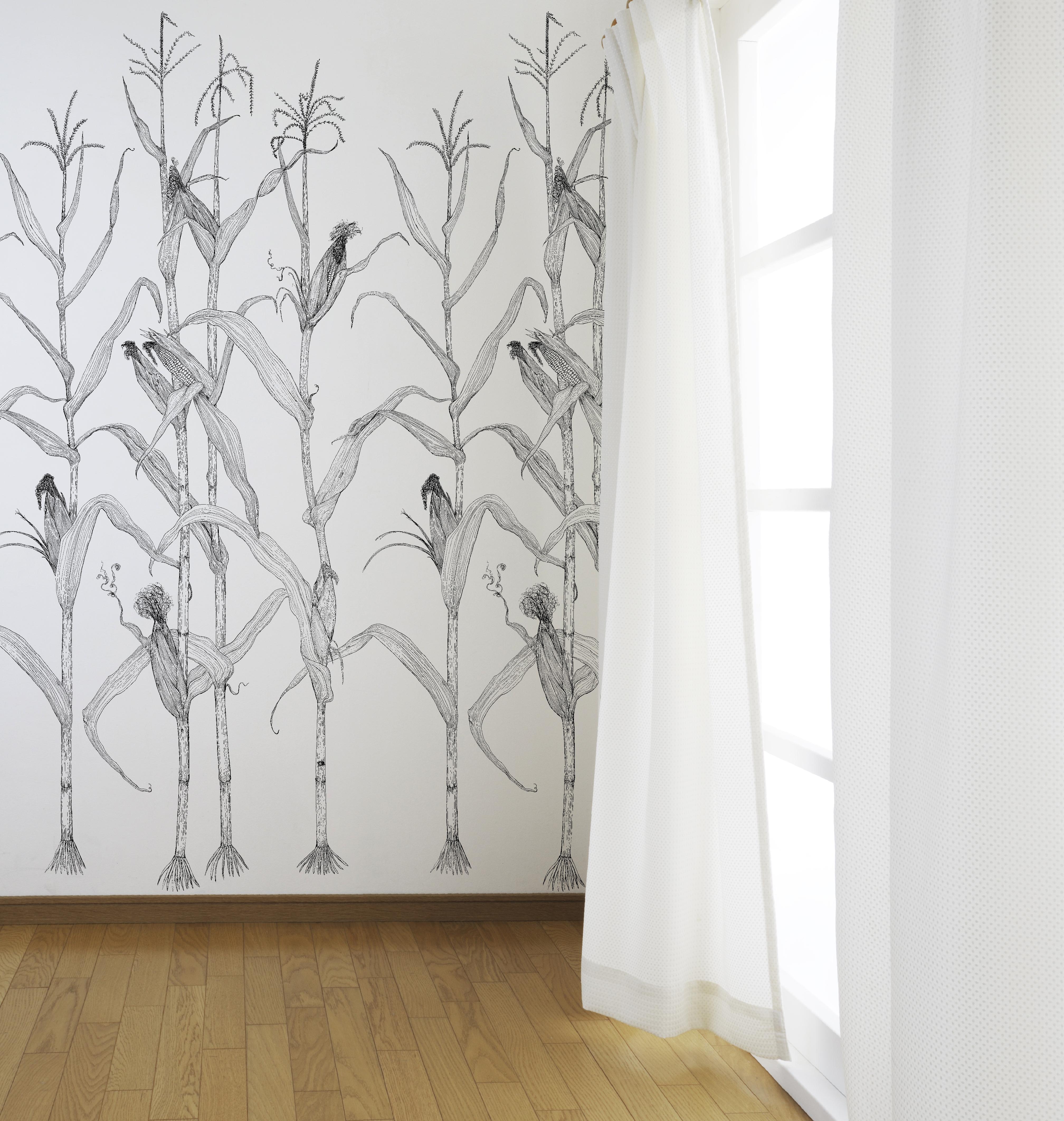 Inspired by and hand drawn from a cornfield in Maryland. Intended to bring peace and spaciousness to a wall by depicting corn stalks in large scale and beauty. 

Sold by the roll 
Roll size: 42” wide by 9’ long (comes in 54” wide untrimmed
