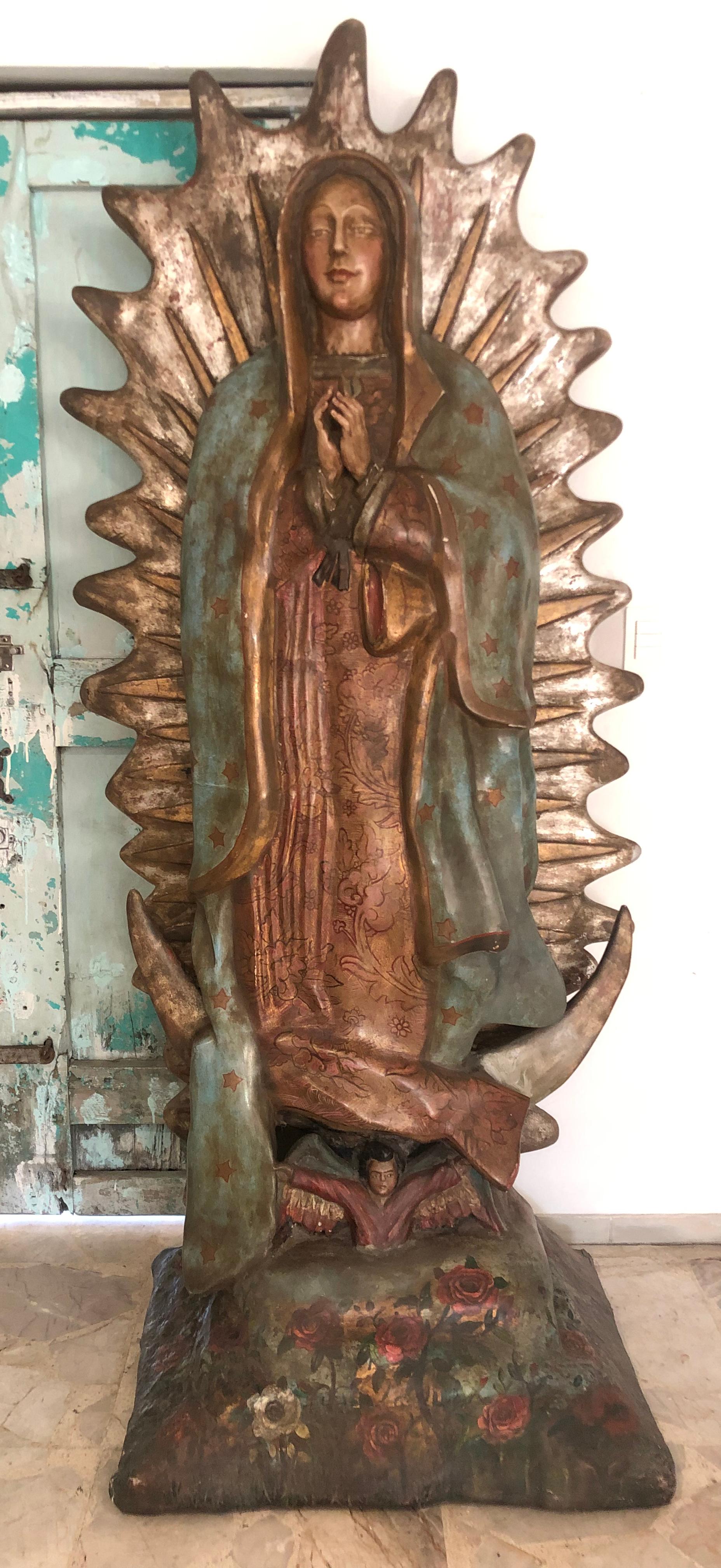 Organic Material Corn Stalk Paste Sculpture of Our Lady of Guadalupe Found in México, circa 1900 For Sale